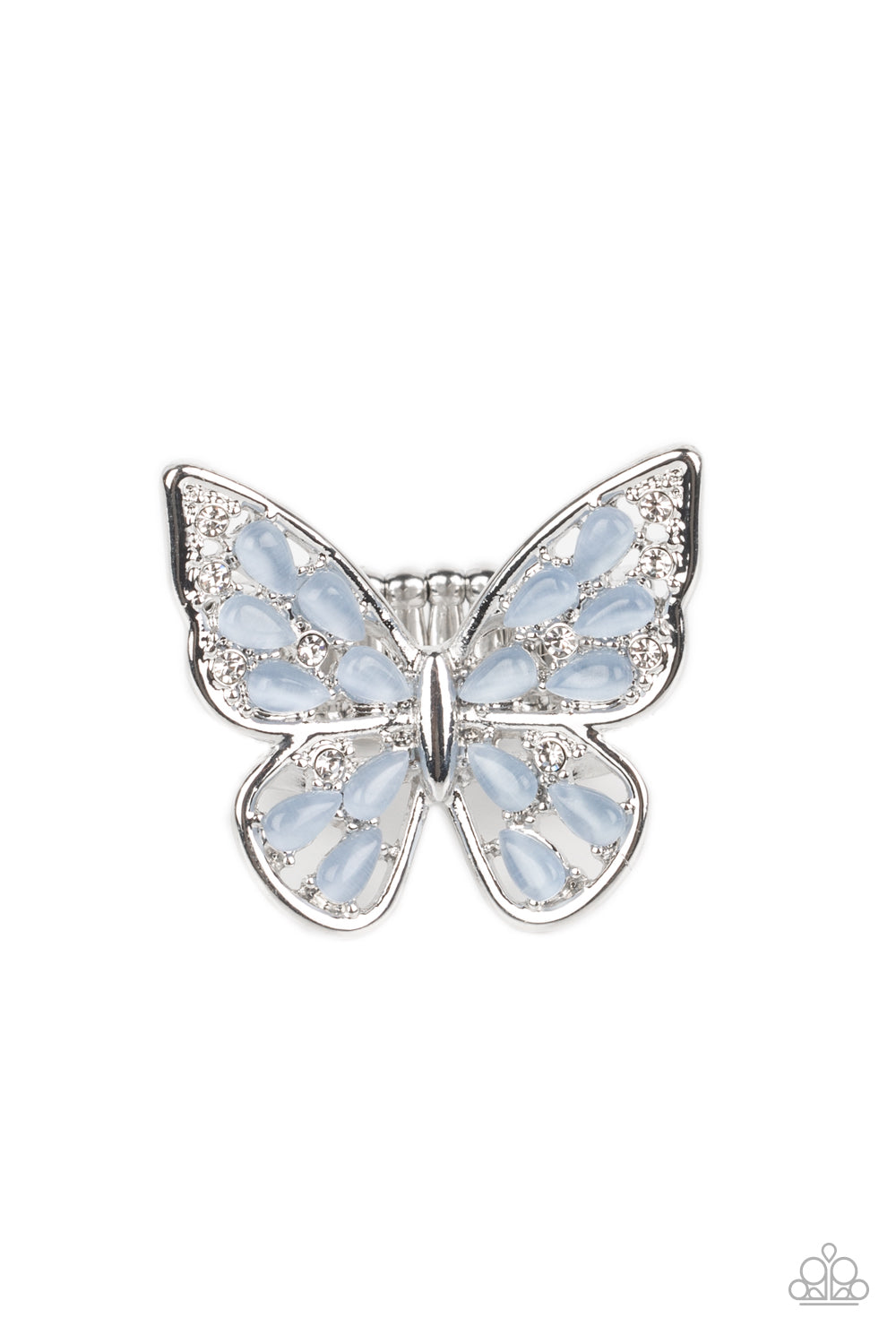 Flying Fashionista Blue Butterfly Ring - Paparazzi Accessories Shiny silver bars curl into the shape of a butterfly, creating a whimsical centerpiece that flutters atop the finger. Blue opalescent beads fill the inside of the wings, leaving spaces in between for the design to remain airy and light. Finally, tiny white rhinestones line the inside edges of the silver frame, adding a hint of irresistible sparkle to the mix. Features a stretchy band for a flexible fit. P4WH-BLXX-225XX