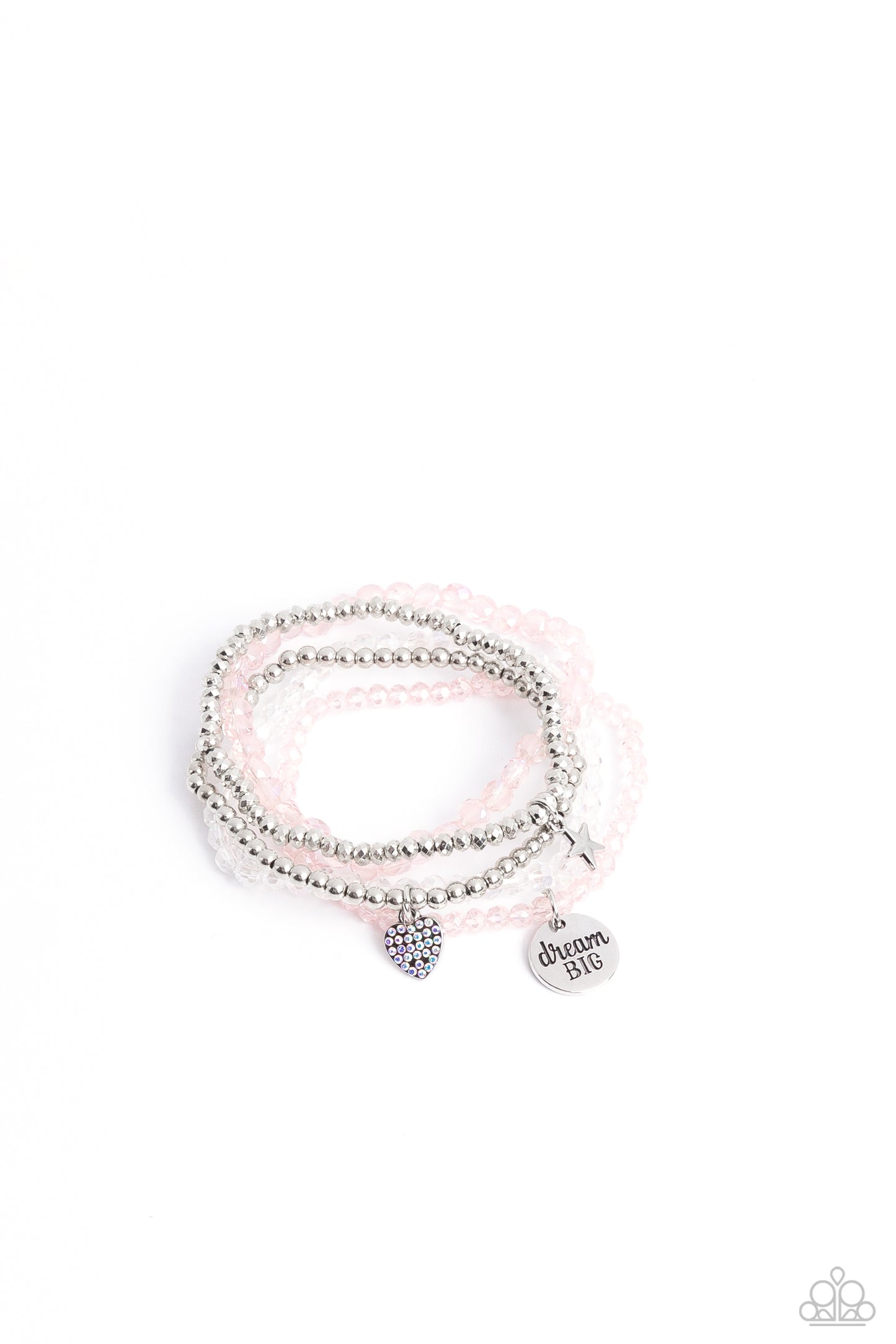 Teenage DREAMER Pink Bracelet - Paparazzi Accessories Pink, silver, white, and smooth silver beads wrap around stretchy bands, and combine into a colorful stack along the wrist. The reflective, pink-beaded bracelet features a silver pendant with the phrase "dream BIG" stamped on it, while a silver-beaded bracelet features a silver star charm. Hanging from smooth, silver beads, a heart charm embossed with iridescent rhinestones adds a shimmery detail to the stack, resulting in a youthful, dreamy design.