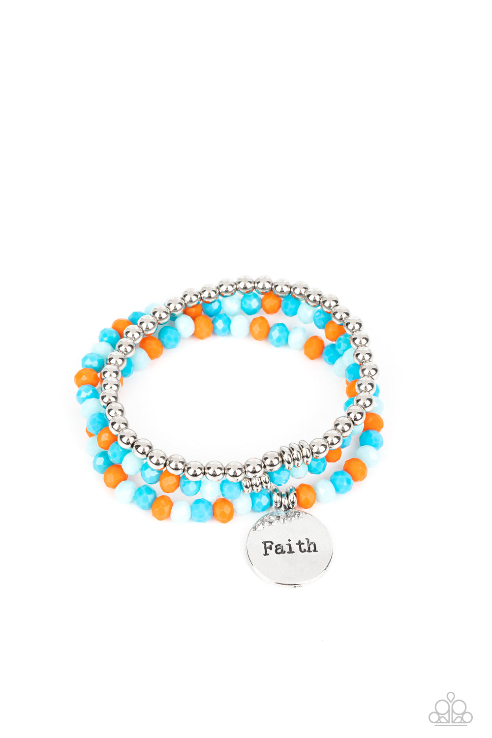 Fashionable Faith Multi Bracelet - Paparazzi Accessories Embellished with silver and defaced beads in varying shades of blue and orange, three bracelets are threaded along elastic stretchy bands, for a fashionable stack across the wrist. Falling from one of the varying blue and orange bangles, a silver disc, with a hammered sheen, features the word "Faith," creating a simplistic collision of color and energy for a light-hearted finish. Sold as one individual bracelet.