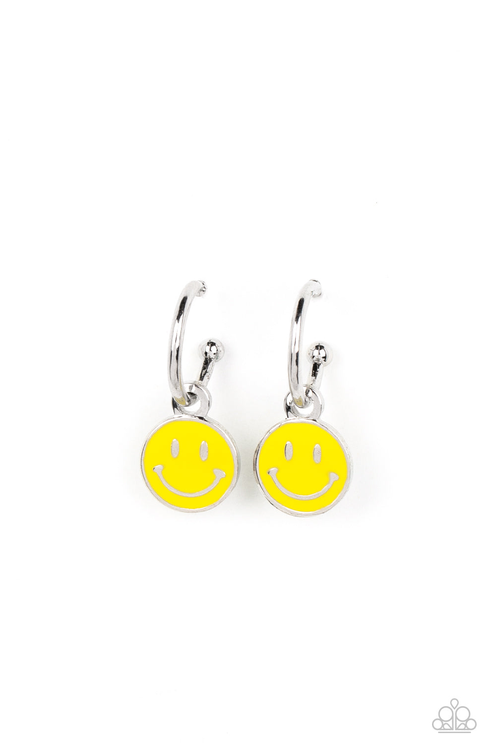 Subtle Smile Yellow Hoop Earring - Paparazzi Accessories A small, skinny, silver hoop curves around the ear, where a silver ball is affixed to create the look of a barbell. A yellow disc slides along the hoop, cheerfully showcasing a silver smiley face that adorns its colorful surface. Earring attaches to a standard post fitting. Hoop measures approximately 1/2" in diameter. Sold as one pair of hoop earrings.