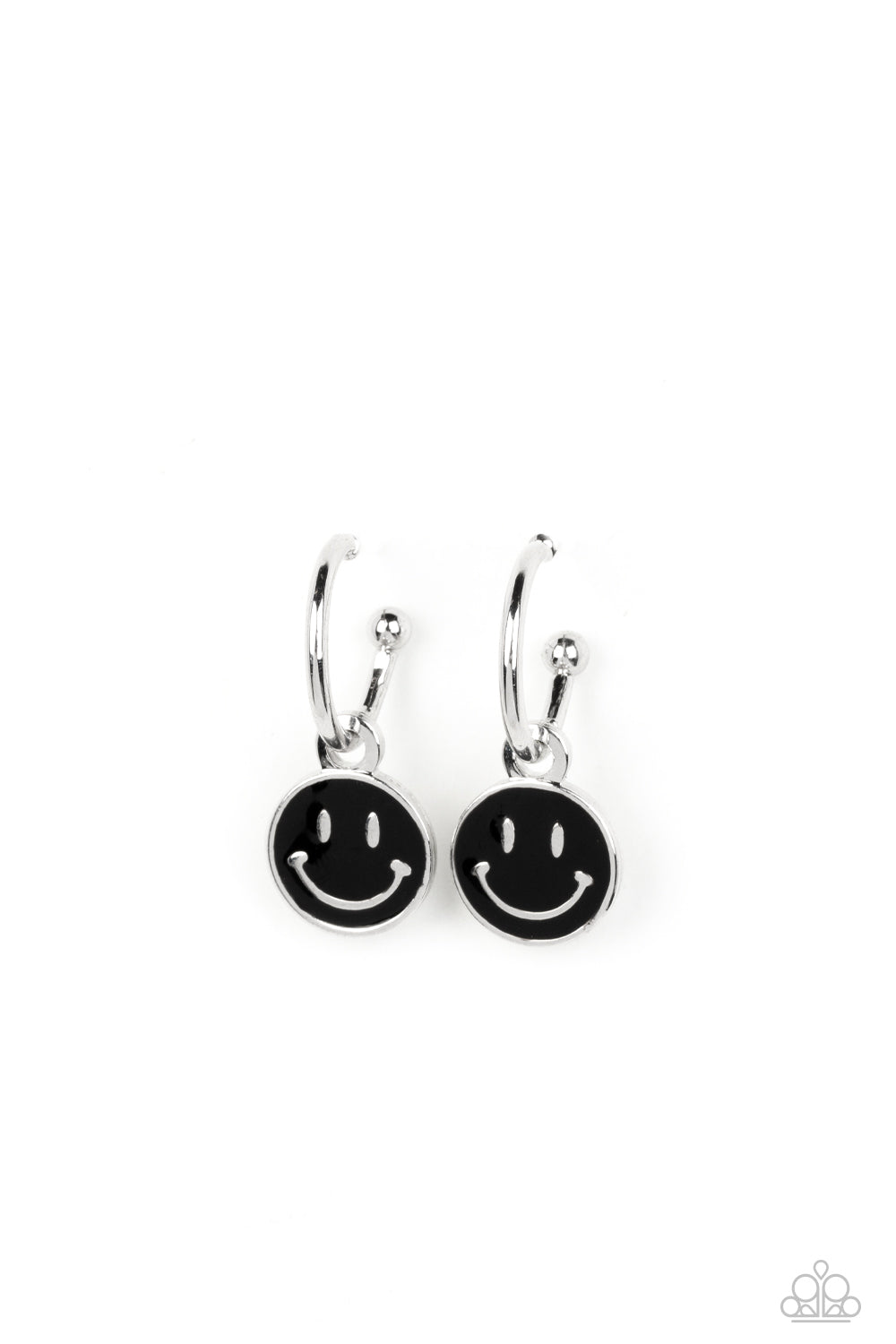 Subtle Smile Black Hoop Earring - Paparazzi Accessories A small, skinny, silver hoop curves around the ear, where a silver ball is affixed to create the look of a barbell. A black disc slides along the hoop, cheerfully showcasing a silver smiley face that adorns its colorful surface. Earring attaches to a standard post fitting. Hoop measures approximately 1/2" in diameter. Sold as one pair of hoop earrings.