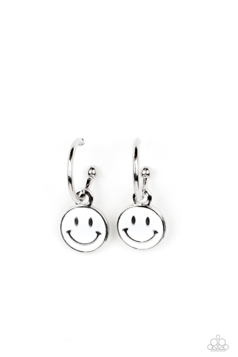 Subtle Smile White Hoop Earring - Paparazzi Accessories A small, skinny, silver hoop curves around the ear, where a silver ball is affixed to create the look of a barbell. A white disc slides along the hoop, cheerfully showcasing a silver smiley face that adorns its colorful surface. Earring attaches to a standard post fitting. Hoop measures approximately 1/2" in diameter. Sold as one pair of hoop earrings.