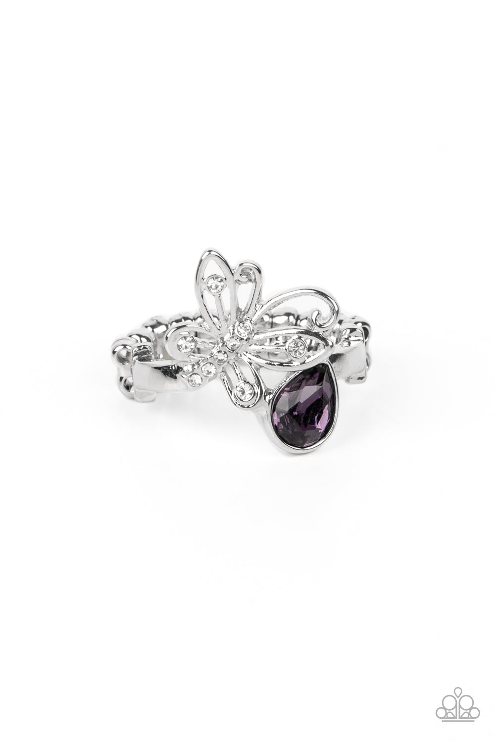 Flawless Flutter Purple Ring - Paparazzi Accessories An airy silver butterfly, dotted in dainty white rhinestones, appears to be in mid-flight as it's tilted to its side and begins to climb up the finger. An amethyst teardrop sits next to the butterfly, providing a whimsical finishing touch to the lighthearted design. Features a dainty stretchy band for a flexible fit. Sold as one individual ring.