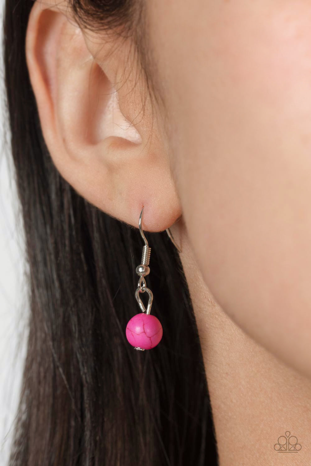 Authentic Admirer Pink Heart Necklace - Paparazzi Accessories Dangling from the bottom of a thick silver chain, an oversized, hot pink stone is pressed into a textured, studded, silver heart frame for some southwestern sass. Features an adjustable clasp closure. As the stone elements in this piece are natural, some color variation is normal. Sold as one individual necklace. Includes one pair of matching earrings. P2SE-PKXX-244XX