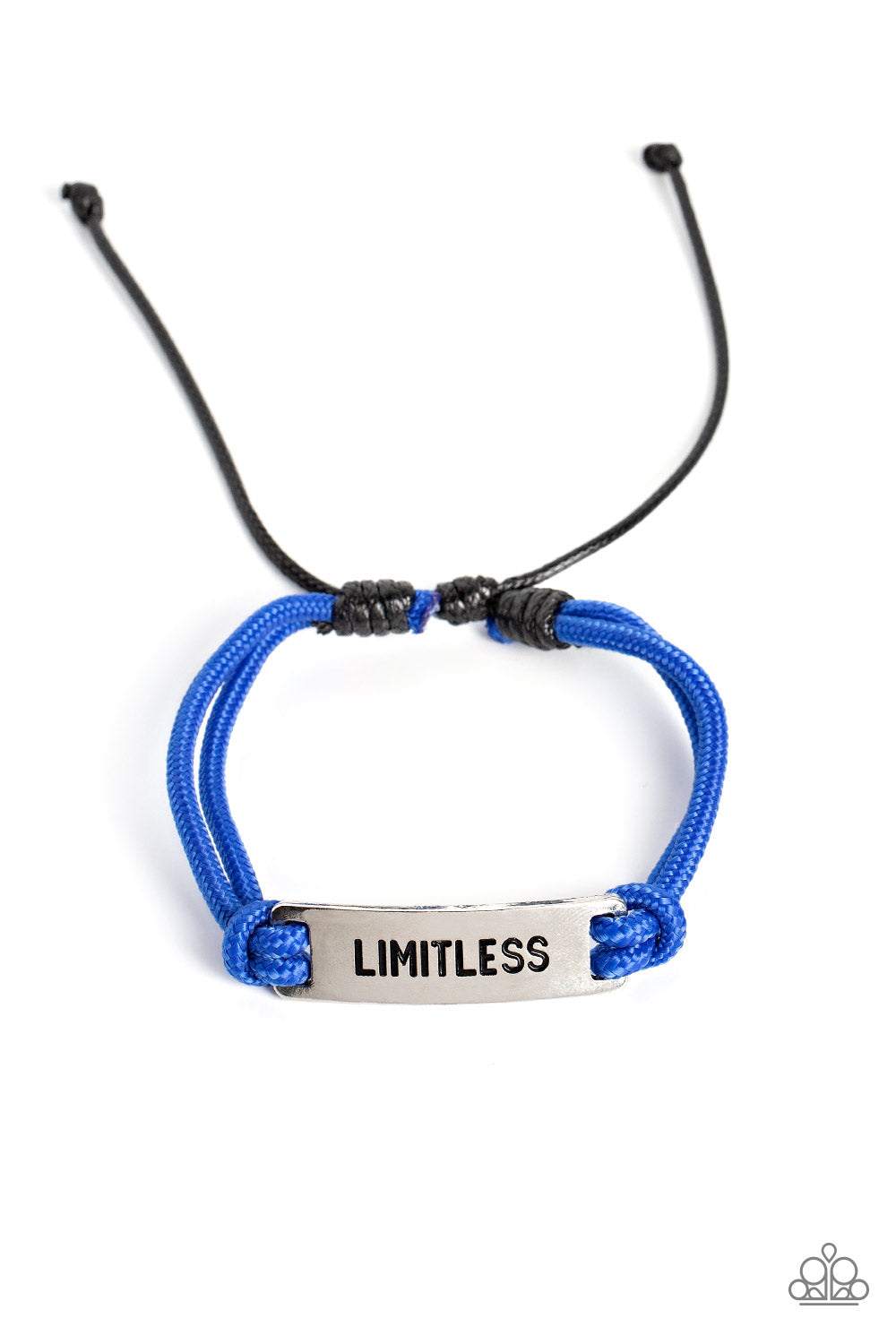 Limitless Layover Blue Urban Bracelet - Paparazzi Accessories Double-stranded royal blue paracord rope encircles a square silver pendant. Featured on the pendant, the word "Limitless" is stamped in bold lettering for an urban statement piece around the wrist. Features an adjustable sliding knot closure. Sold as one individual bracelet.