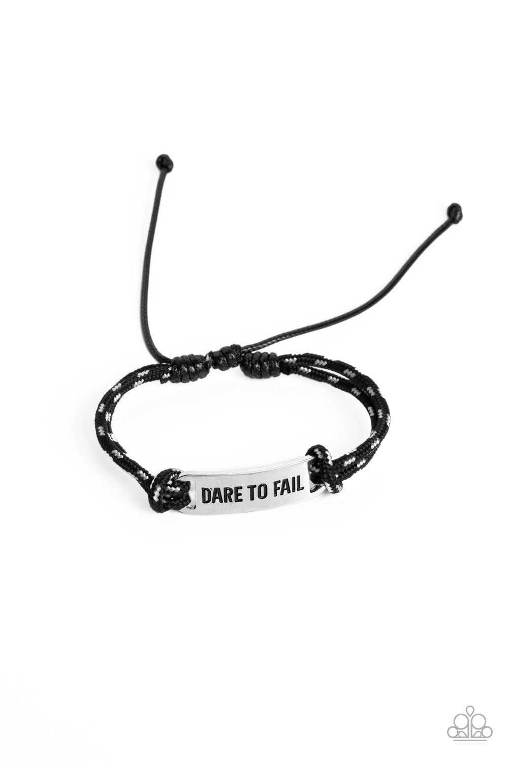 Dare to Fail Black Urban Bracelet - Paparazzi Accessories Black paracord rope, sporadically dotted with white spots, encircles a square silver pendant. Featured on the pendant, the phrase "Dare to Fail" is stamped in bold lettering for an urban, inspirational statement around the wrist. Features an adjustable sliding knot closure. Sold as one individual bracelet.