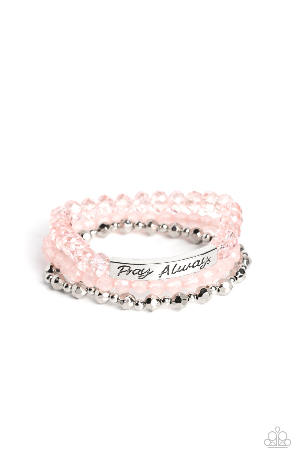 Pray Always Pink Bracelet - Paparazzi Accessories Varying in shape and shimmer, faceted silver beads, milky pink beads, and glittery pink crystal-like beads are threaded along elastic stretchy bands, creating colorful layers across the wrist. Featured on the crystal-like band, a curved silver bar features the words "Pray Always" in a curly, stamped font for a soft finish. Sold as one individual bracelet.
