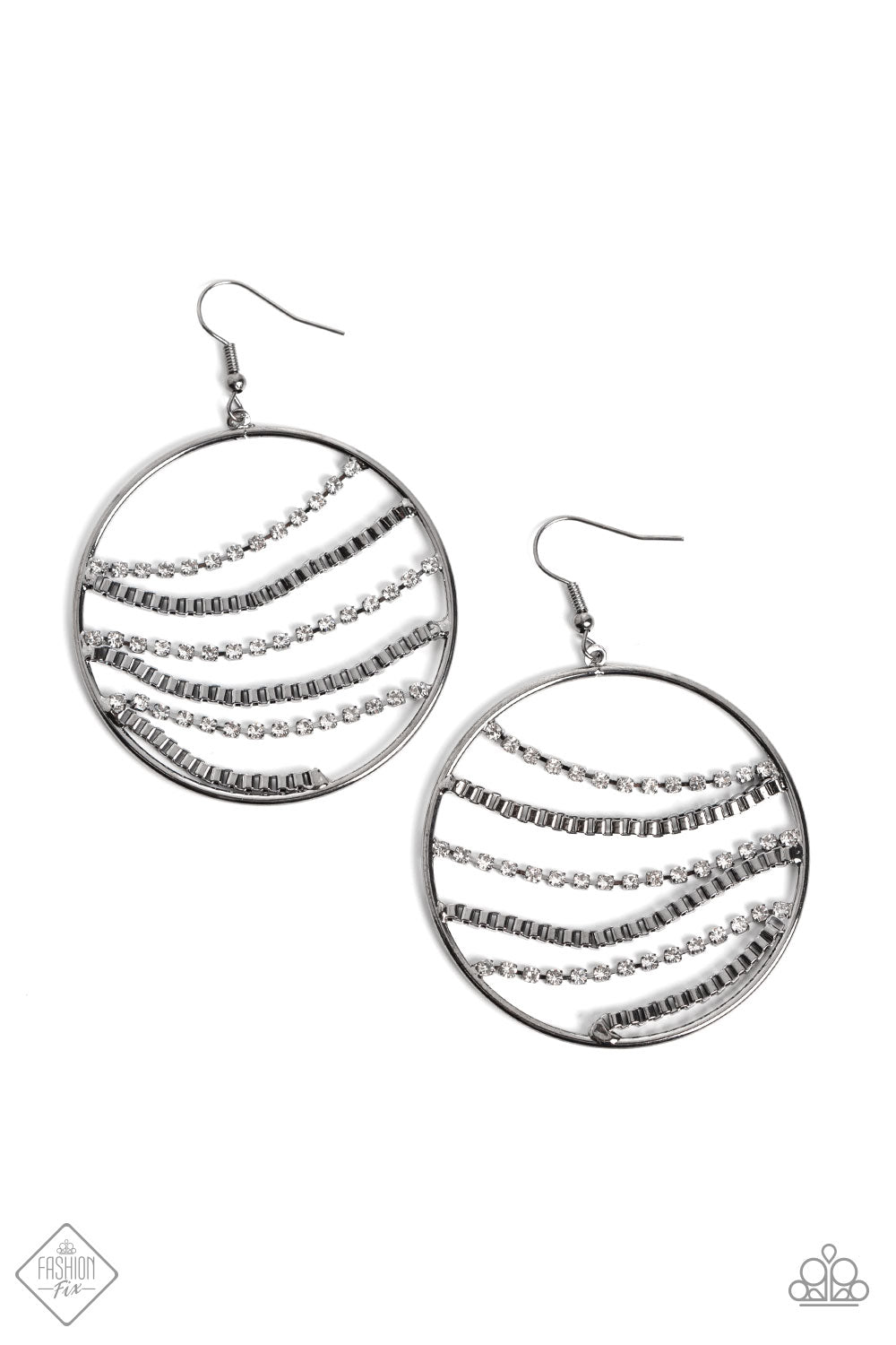 Fighting Fortune Black Earring - Paparazzi Accessories Rippling across the inner circumference of an oversized gunmetal hoop, rows of glistening gunmetal box-chains, and dainty white rhinestones, pressed into square gunmetal frames glide into a sparkly, industrial palette below the ear. Earring attaches to a standard fishhook fitting. Sold as one pair of earrings.