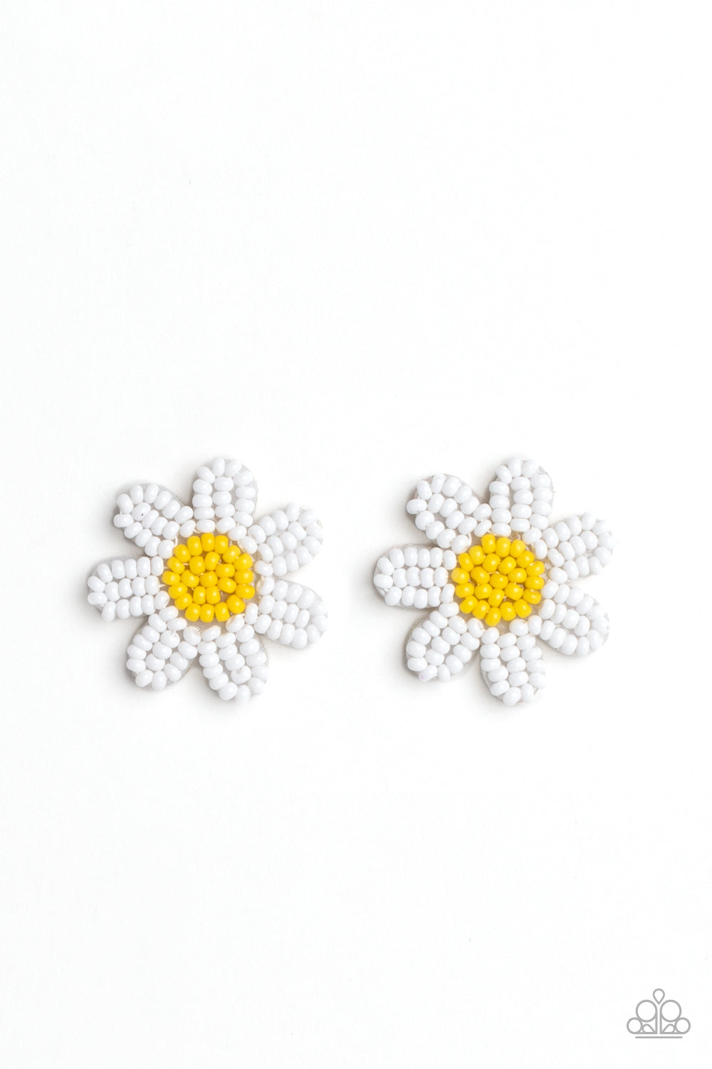 Sensational Seeds White Daisy Post Earring - Paparazzi Accessories Layers of white seed bead petals fan out from a yellow seed bead center, blooming into a textured floral centerpiece. Earring attaches to a standard post fitting. Sold as one pair of post earrings. P5PO-WTXX-362XX