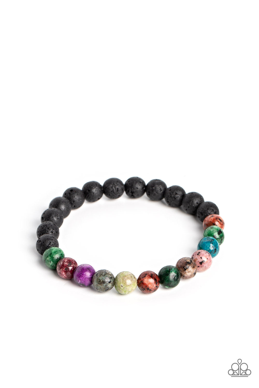 LAVA Language Multi Stretch Bracelet - Paparazzi Accessories A collection of refreshing multicolored stone beads with speckled detailing, and earthy lava rock beads are threaded along a stretchy band around the wrist for an urban finish. As the stone elements in this piece are natural, some color variation is normal. Sold as one individual bracelet.