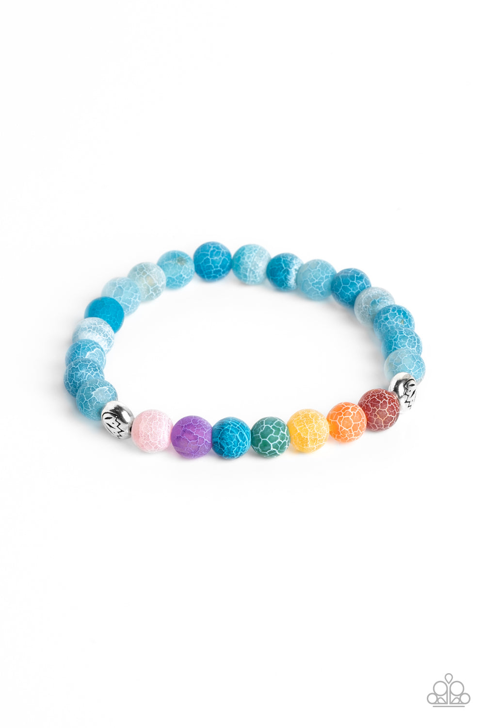 Lotus Chakra Blue Unisex Stretch Bracelet - Paparazzi Accessories A collection of refreshing blue stone beads with speckled detailing, and stone beads brushed in the shades of the rainbow are threaded along a stretchy band around the wrist for a seasonal finish. Separating the chakra-inspired stones from the refreshing blue stones, two silver beads, stamped with a lotus flower outline add a floral feature to the urban design.