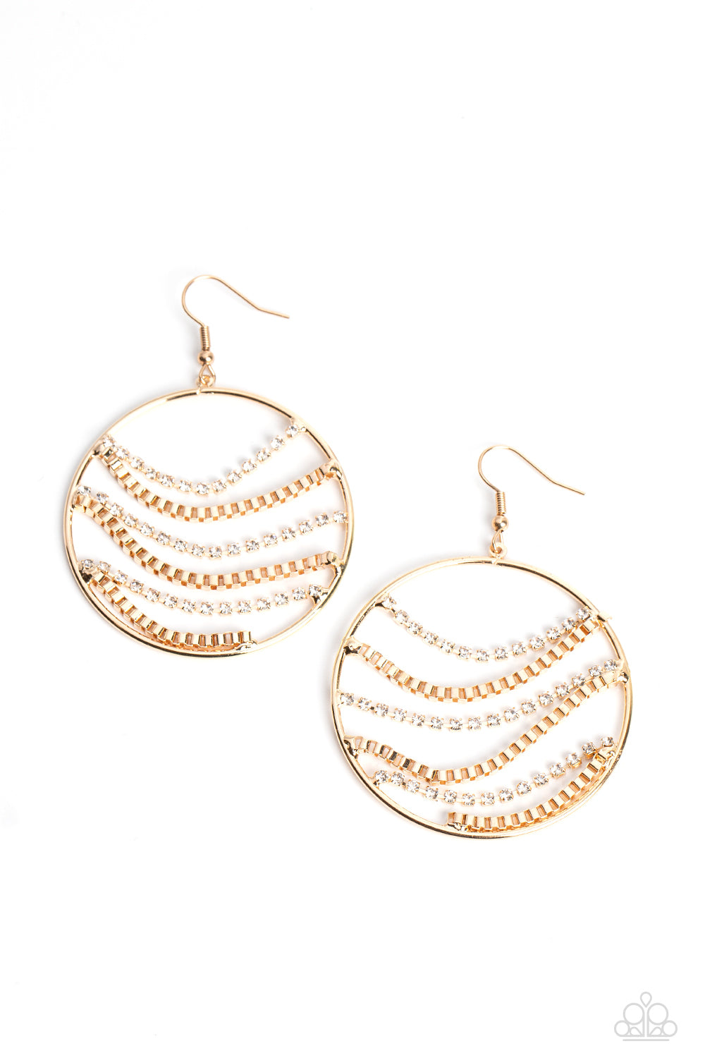 Fighting Fortune Gold Earring - Paparazzi Accessories Rippling across the inner circumference of an oversized gold hoop, rows of glistening gold box-chains, and dainty white rhinestones, pressed into square gold frames glide into a sparkly, industrial palette below the ear. Earring attaches to a standard fishhook fitting. Sold as one pair of earrings. P5IN-GDXX-052XX