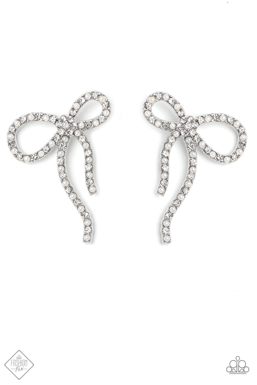 Deluxe Duet White Rhinestone Bow Earring - Paparazzi Accessories Adorned in sparkling white rhinestones and dainty white pearls, a high-sheen band of silver curls and loops into a stunning bow, creating a charming lure. Featured in the center of the classy design, a dainty white rhinestone flower adds a floral finish to the stunning display. Earring attaches to a standard post fitting. Sold as one pair of post earrings.