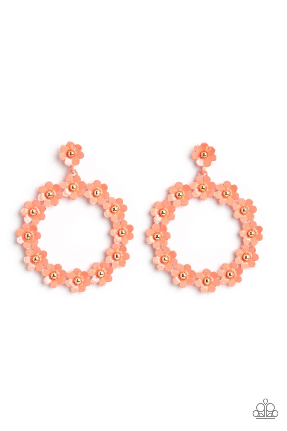Daisy Meadows Orange Post Earring - Paparazzi Accessories Hanging from a solitaire coral daisy, a dainty collection of coral daisies bloom into a free-spirited wreath below the ear. Gold studs gleam from the centers of the tactile flowers, adding an industrial sheen to the display. Earring attaches to a standard post fitting. Sold as one pair of post earrings. P5PO-OGXX-032XX