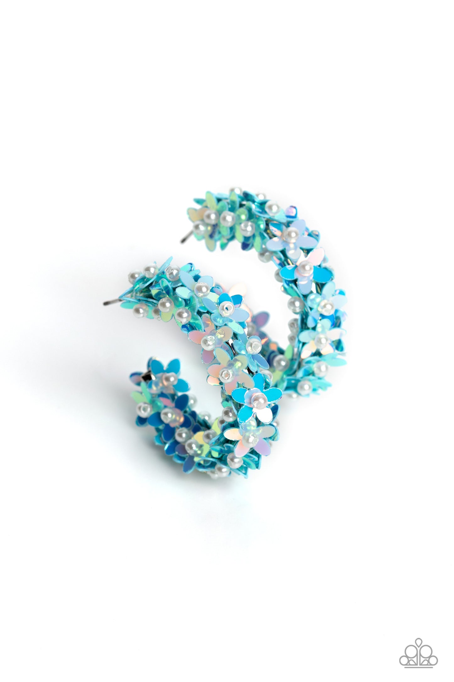 Fairy Fantasia Blue Hoop Earring - Paparazzi Accessories A floral explosion, encompassing the entirety of a thick silver hoop, features reflective light blue flowers dotted with dainty pearl centers for a dreamy, whimsicality below the ear. Earring attaches to a standard post fitting. Hoop measures approximately 1 1/2" in diameter. Sold as one pair of hoop earrings. P5HO-BLXX-046XX