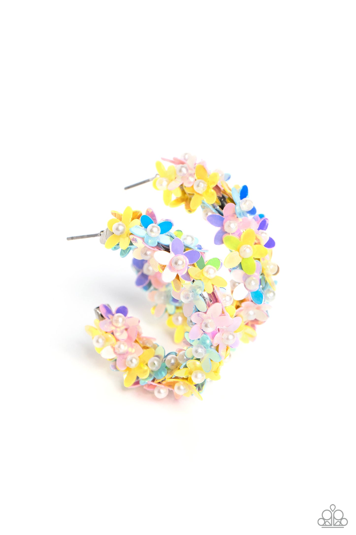 Fairy Fantasia Multi Hoop Earring - Paparazzi Accessories A floral explosion, encompassing the entirety of a thick silver hoop, features reflective light blue, pink, and yellow flowers dotted with dainty pearl centers for a dreamy, whimsicality below the ear. Earring attaches to a standard post fitting. Hoop measures approximately 1 1/2" in diameter. Sold as one pair of hoop earrings. P5HO-MTXX-070XX