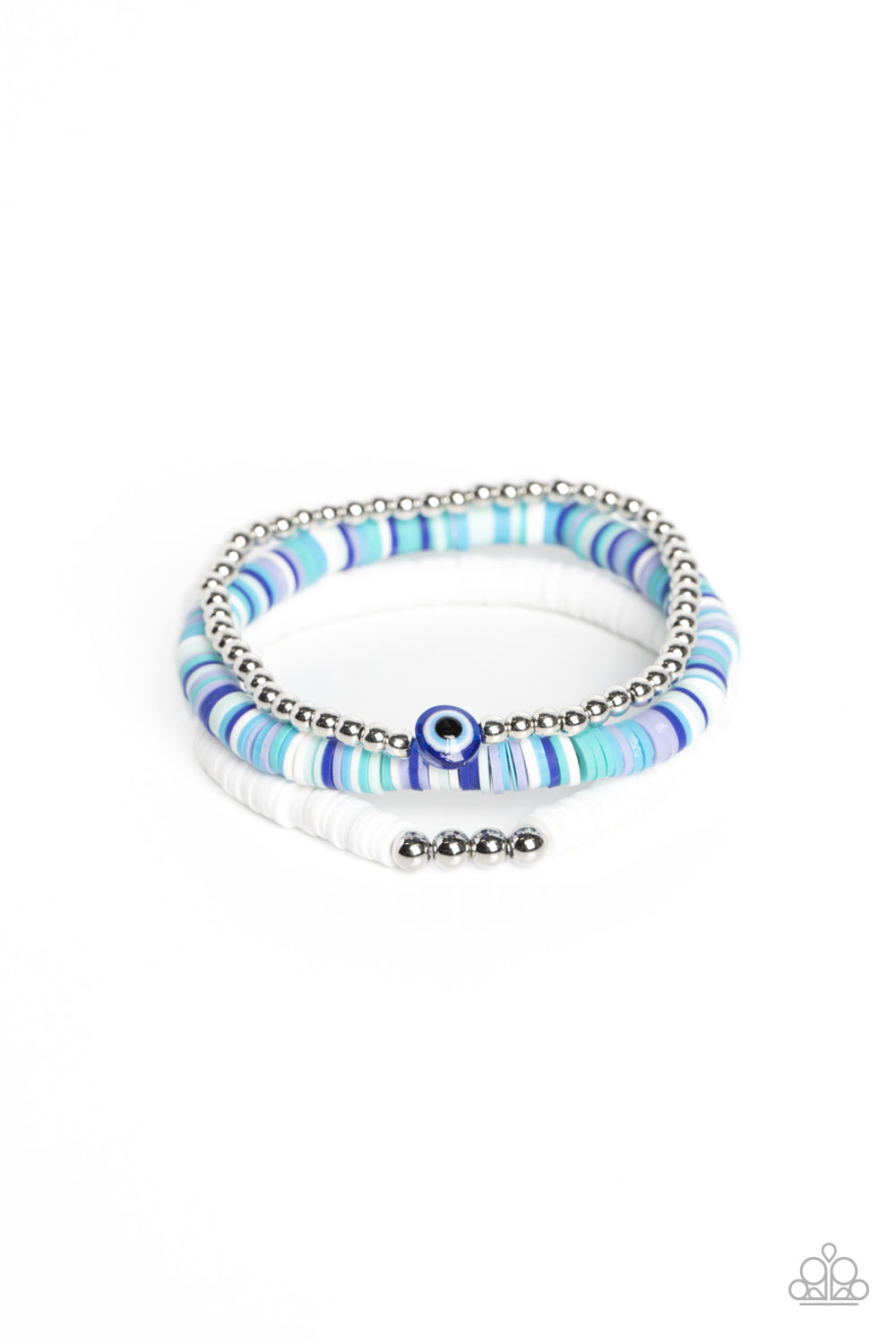 EYE Have A Dream Blue Bracelet - Paparazzi Accessories Varying in multicolored shades, hues of blue and white rubber discs pair with shiny silver beads and silver accents creating colorful layers across the wrist. Featured on the silver-beaded bracelet, a glassy bead with an eye-like design contributes an additional shade of blue to the fashionable design. Sold as one set of three bracelets. P9SE-BLMT-430XX