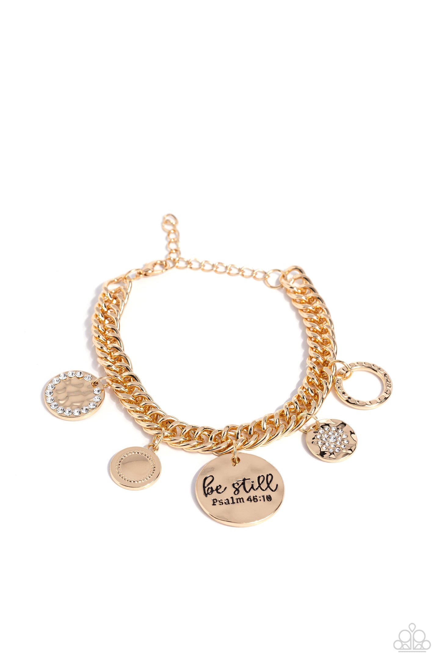 GLITTER and Grace Gold Inspirational Bracelet - Paparazzi Accessories Gliding from a thick gold curb chain, a collection of refined charms adds some texture and shimmer to this monochromatic mash-up. An oversized, hammered disc is stamped with the phrase "be still" with the scripture reference "Psalm 46:10" listed underneath it. A smaller, hammered disc with a sprinkle of white rhinestones in its center and a gold disc featuring a scalloped ring in its center glide next to the oversized gold disc.