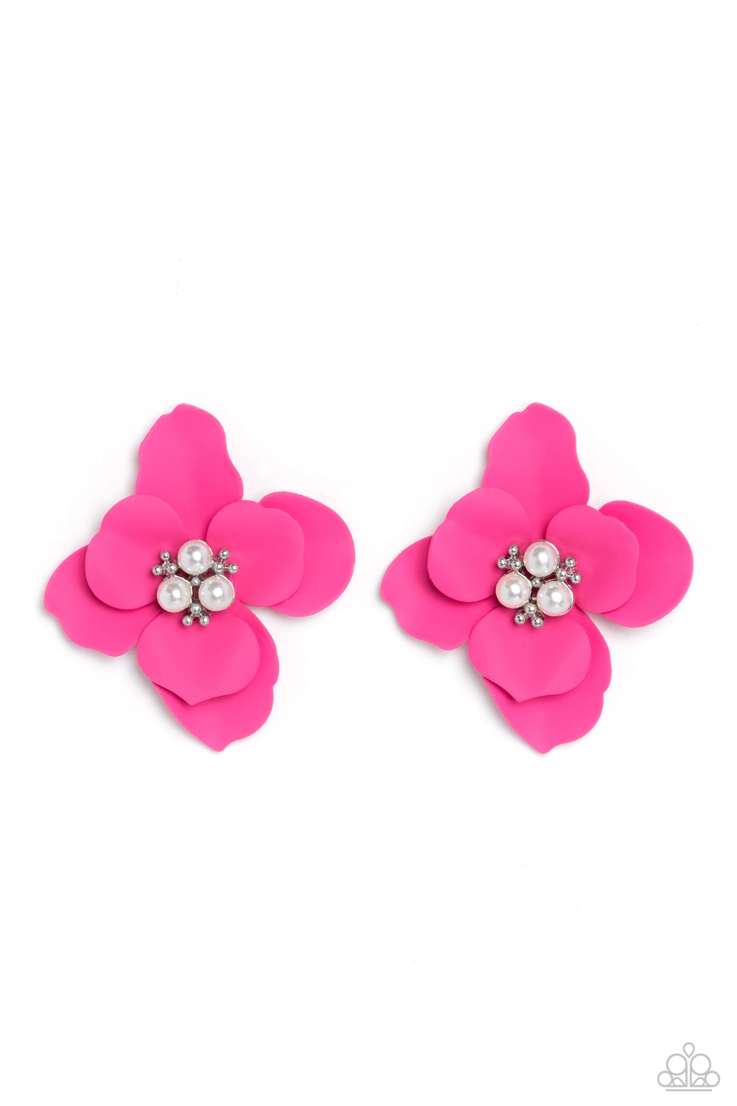 Jovial Jasmine Pink Flower Earring - Paparazzi Accessories Blooming from a dainty white pearl and studded center, hot pink petals flare out around the ear in a delicate, airy manner for a feminine finish. Earring attaches to a standard post fitting. Sold as one pair of post earrings. P5PO-PKXX-084XX