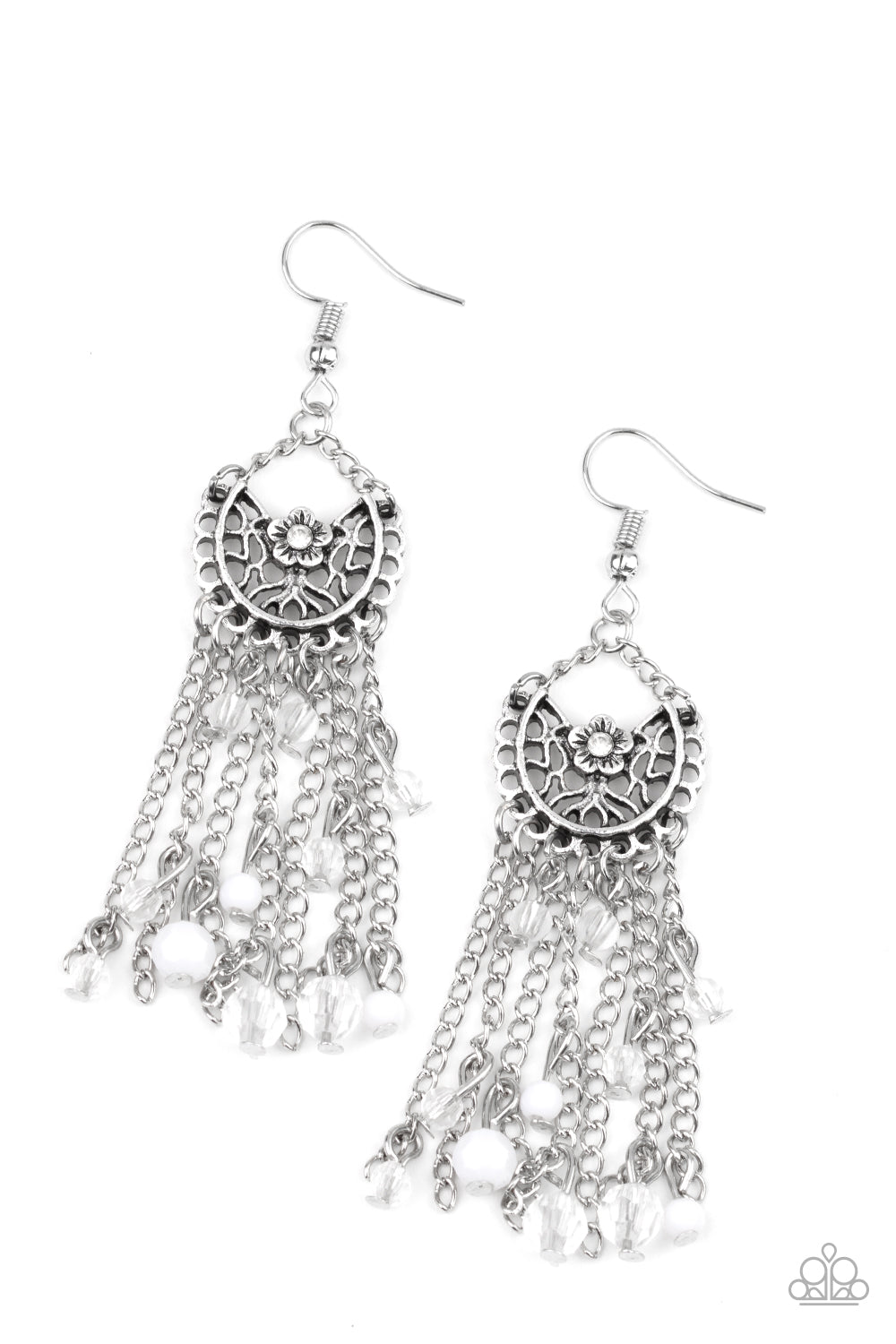 Daisy Daydream - White Item #E242 Dotted with a solitaire white rhinestone, a shimmery silver floral frame gives way to an array of white beaded tassels for a whimsical flair. Earring attaches to a standard fishhook fitting. All Paparazzi Accessories are lead free and nickel free! Sold as one pair of earrings.