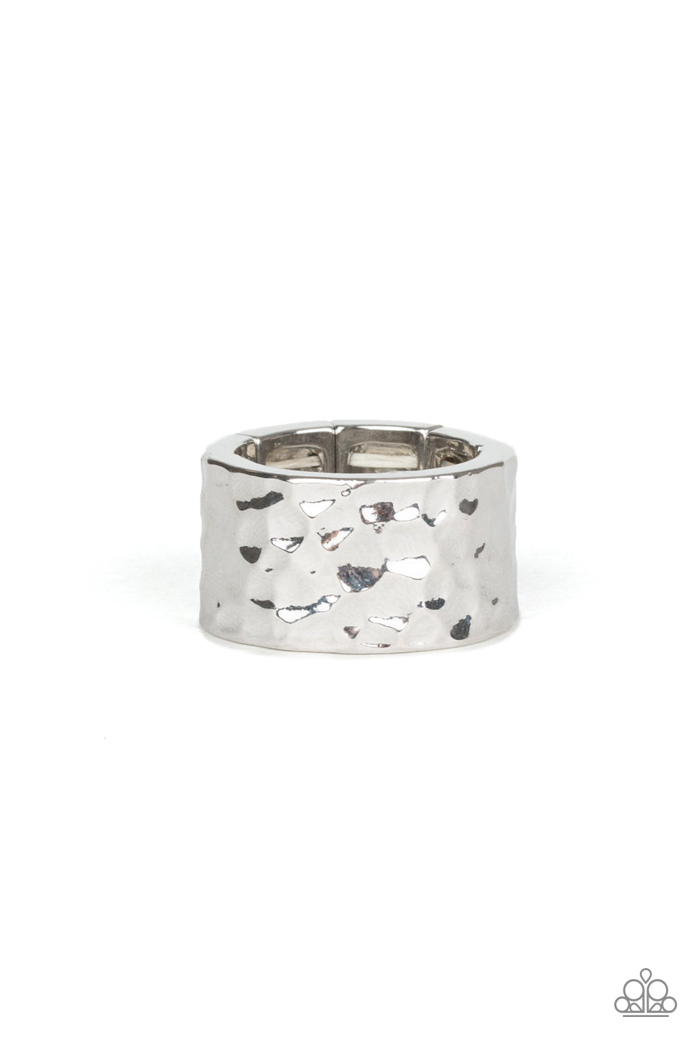 Self-Made Man Silver Urban Ring - Paparazzi Accessories A thick silver band has been hammered in shimmery detail for a metro inspired look. Features a stretchy band for a flexible fit. Sold as one individual ring.