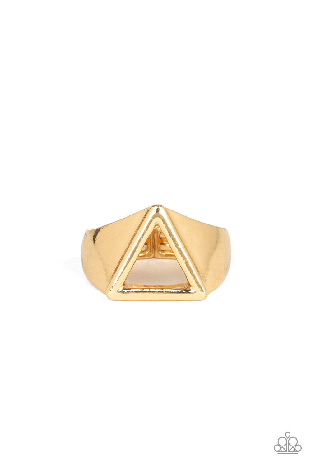 Trident - Gold An airy triangular frame is set into the center of a thick gold band for a casual look. Features a dainty stretchy band for a flexible fit. Sold as one individual ring.
