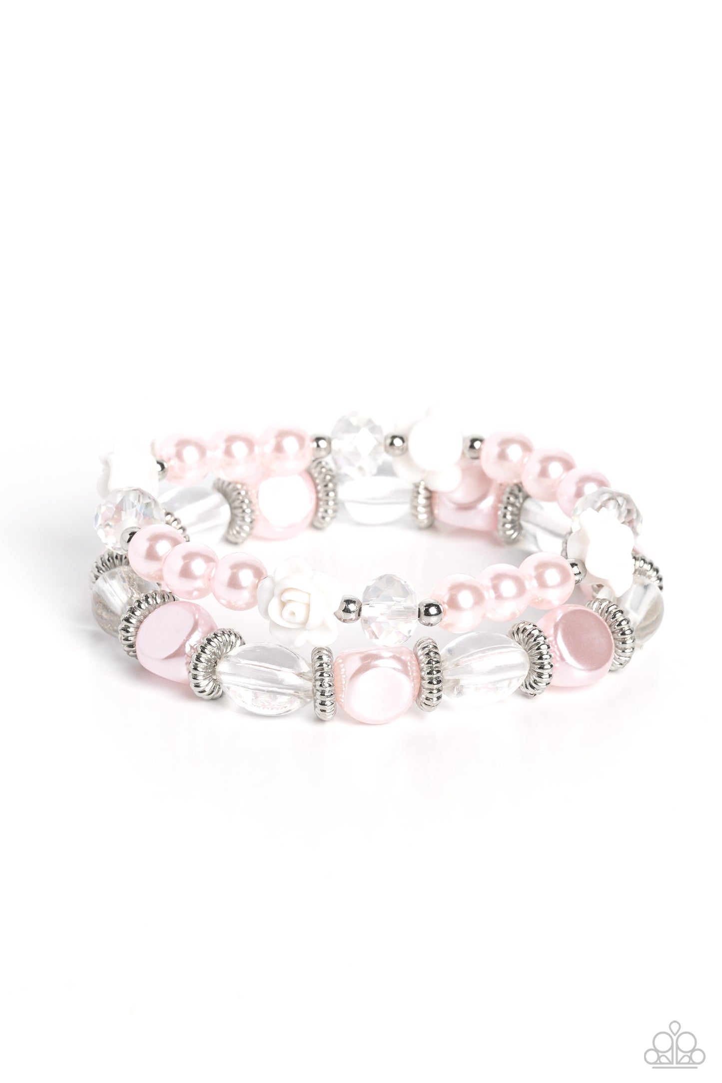 Who ROSE There? Pink Pearl Bracelet - Paparazzi Accessories Baby pink pearls, silver studded rings, varying shapes of baby pink and clear beads, silver accents, faceted clear beads, and white resin roses stretch across elastic stretchy bands around the wrist for a refined, floral display. Sold as one set of two bracelets. P9RE-PKXX-304XX