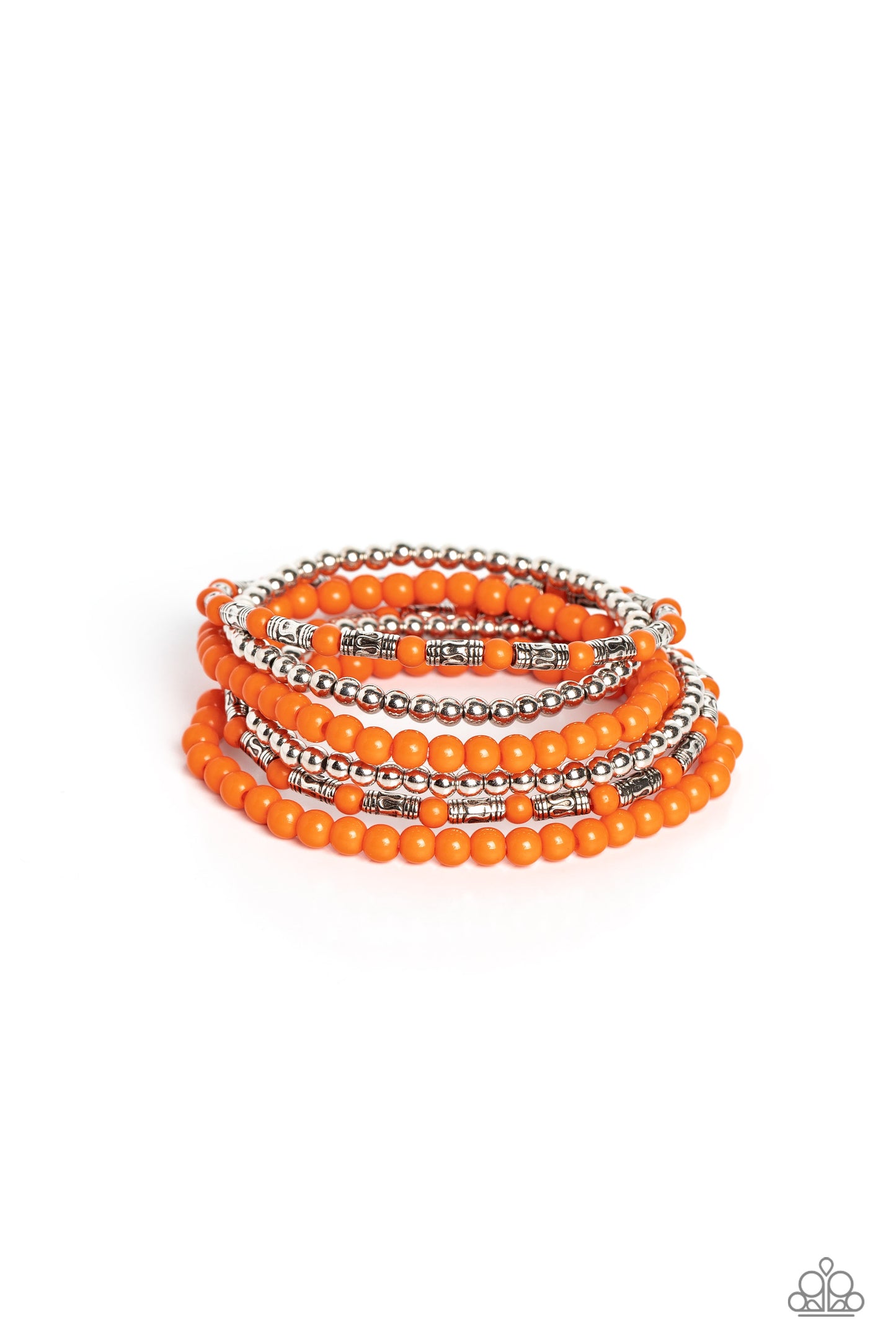 Mythical Magic Orange Bracelet - Paparazzi Accessories A trendy collection of orange, silver and silver cylindrical textured beads wrap around the wrist on elastic stretchy bands for a colorful, seasonal stack. Sold as one set of six bracelets. P9SE-OGXX-200XX
