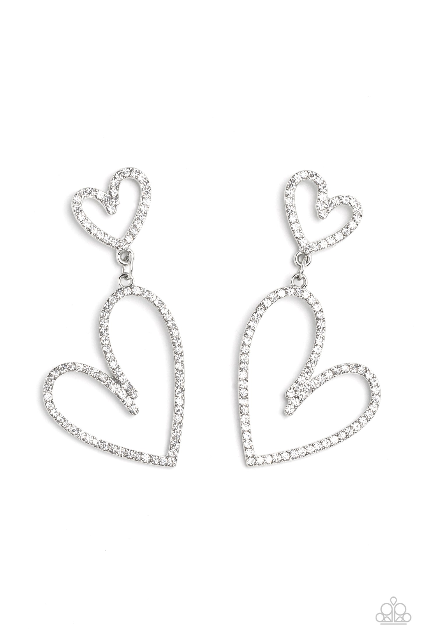 Doting Duo White Heart Earring - Paparazzi Accessories An oversized, rhinestone-encrusted shiny silver heart silhouette hangs from a smaller heart silhouette set in the same blinding shimmer for a romantic, eye-catching sparkle. Earring attaches to a standard post fitting. Sold as one pair of post earrings. P5PO-WTXX-368XX