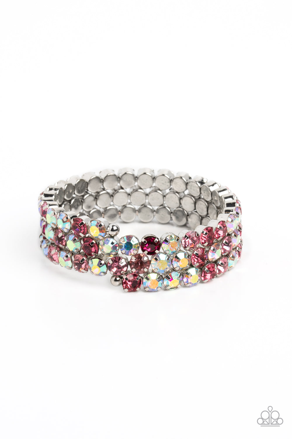 Iridescent Incantation Pink Coil Bracelet - Paparazzi Accessories Three glistening rows of pink and iridescent gems, pronged in place by silver fittings, curl along a coiled wire, creating a blinding infinity wrap style bracelet around the wrist. Due to its prismatic palette, color may vary. Sold as one individual bracelet. P9SE-PKXX-173XX