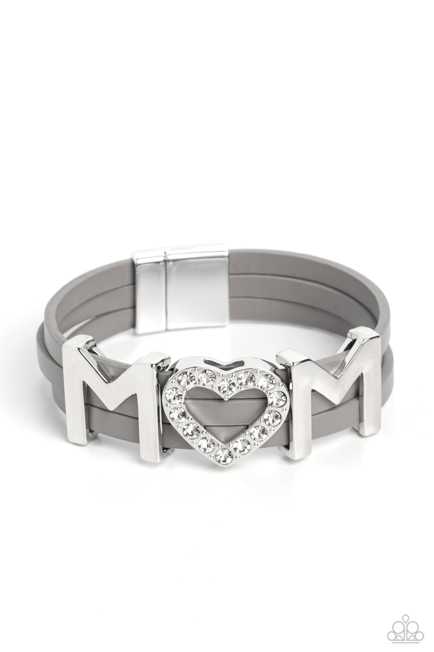 Heart of Mom Silver Magnetic Bracelet - Paparazzi Accessories A row of glassy white rhinestones are encased into a sparkly heart frame that is threaded along layers of gray leather strands around the wrist. Framing both sides of the heart frame, two high-sheen silver letter "M"s spell out the word "mom" atop the wrist for a sentimental finish. Features a magnetic closure. Sold as one individual bracelet. P9WD-SVXX-218XX