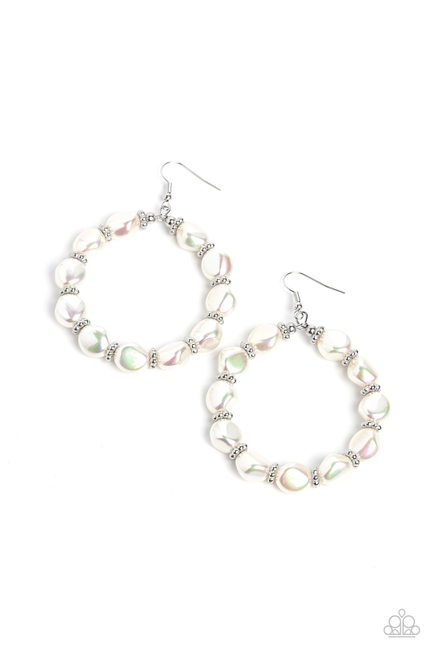The PEARL Next Door White Earring - Paparazzi Accessories A classy row of iridescent-sheen baroque pearls are threaded along an oversized hoop for a posh finish around the ear. Spaced between the pearly collection, silver wheel beads shimmer for an additional high-sheen detail to the hoop. Earring attaches to a standard fishhook fitting. Sold as one pair of earrings. P5WH-WTXX-276XX