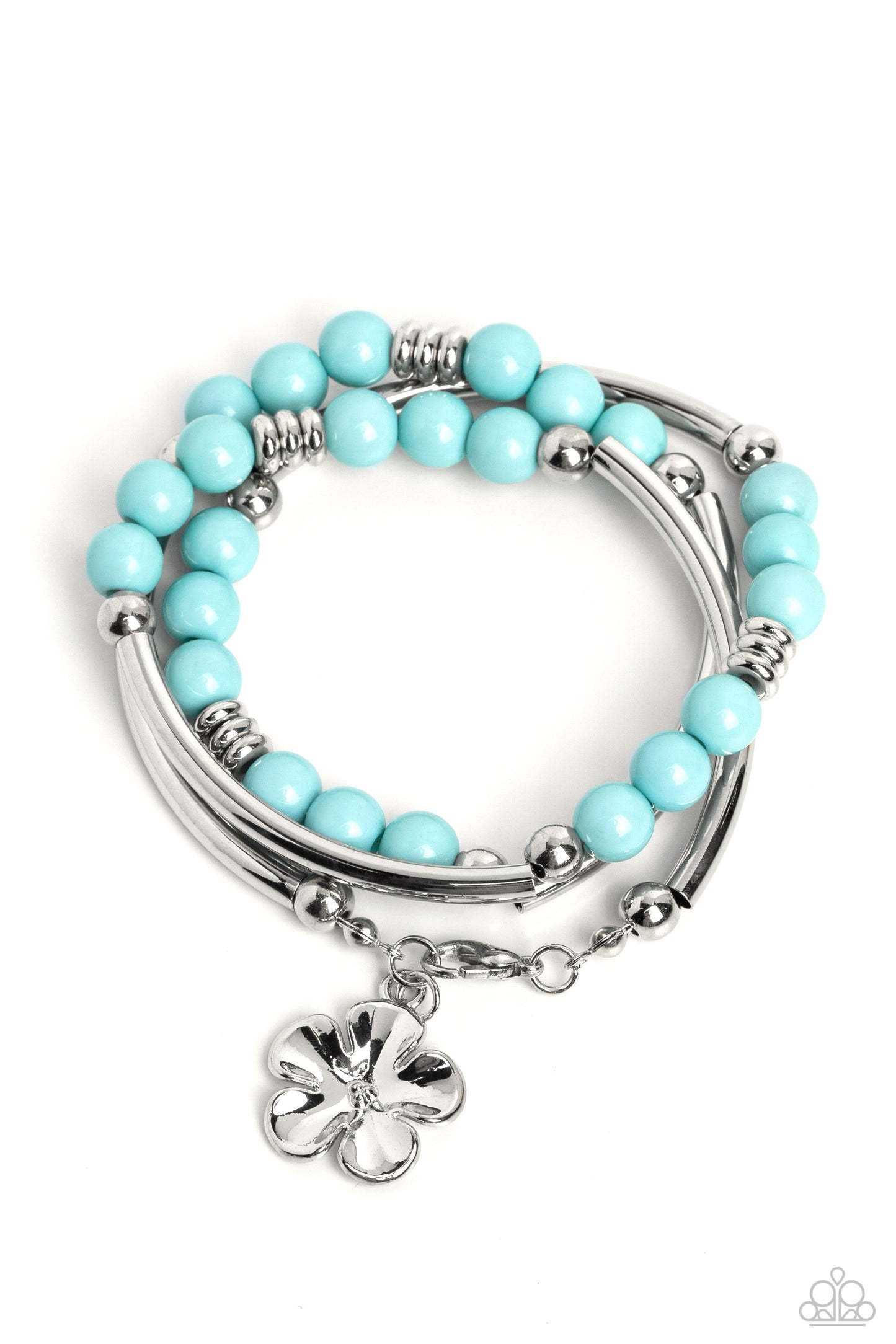 Off the WRAP Blue Bracelet - Paparazzi Accessories Vibrant Waterspout beading and shimmery silver accents alternate and are threaded along a long wire to create an infinity wrap style bracelet. Dangling below the colorful collection, a concaved silver flower rests for a floral finish. Sold as one individual bracelet. P9WH-BLXX-279XX