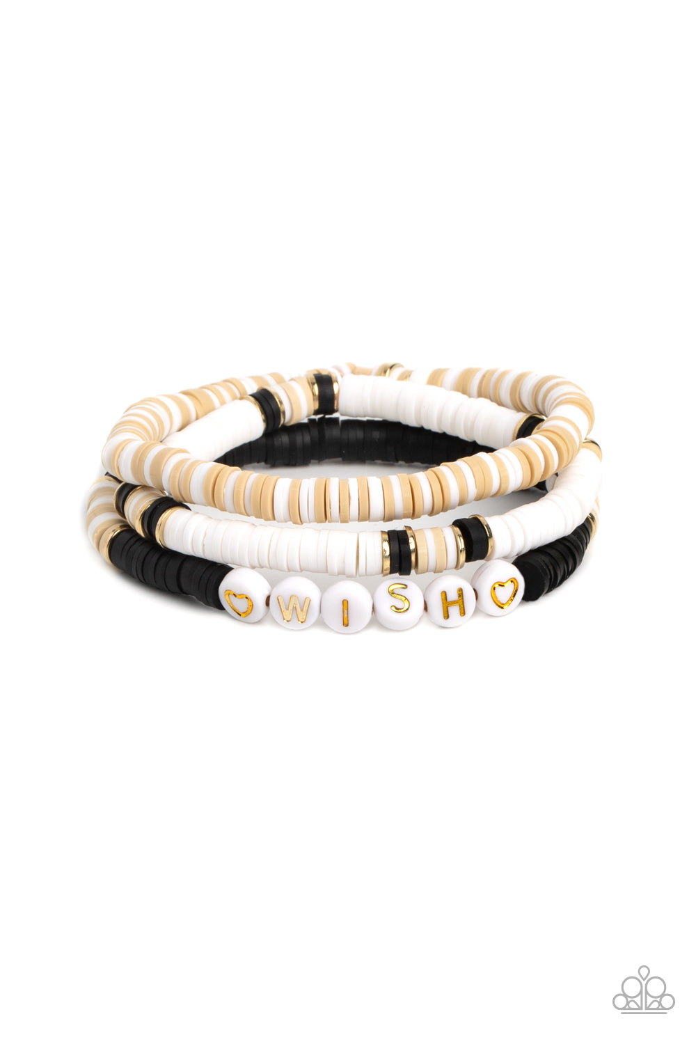 Matriarchal Melody Black Bracelet - Paparazzi Accessories Varying in shades, tan, black, and white clay discs pair with shiny gold disc beads and accents creating layers across the wrist. Featured on one of the bracelets, white beads stamped with gold lettering spell out the word "wish," while gold heart silhouettes stamped in the same white beads frame the inspirational phrase for a wistful finish. Sold as one set of three bracelets. P9SE-BKXX-335XX