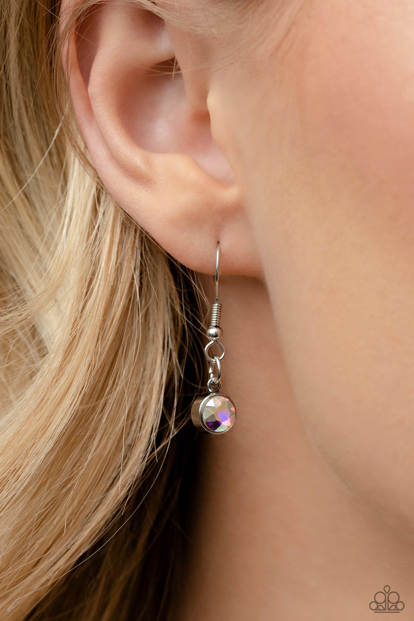 Elevated Edge Multi Necklace - Paparazzi Accessories Encased within thick, pronged, elevated silver settings, a geometric collection of fuchsia, light blue, dark blue, and iridescent rhinestones, featured in square, teardrop, and round shapes coalesces down the neckline for a gritty, yet glamorous display. Features an adjustable clasp closure. Due to its prismatic palette, color may vary. Sold as one individual necklace. Includes one pair of matching earrings. P2RE-MTXX-215XX