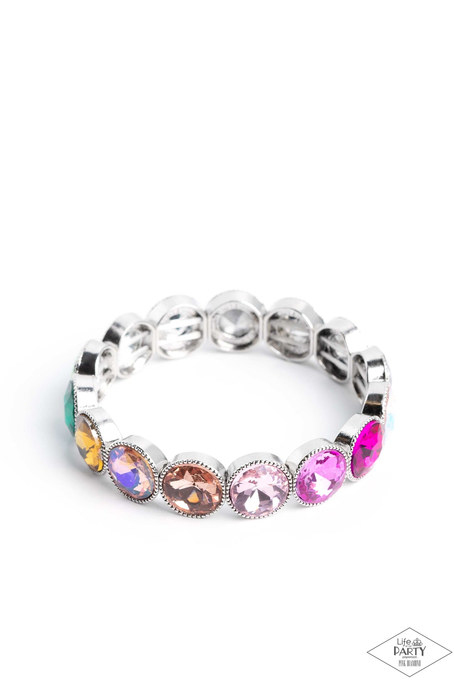 Number One Knockout Multi Stretch Bracelet - Paparazzi Accessories Faceted gems in colorful shades featuring varying shimmers and iridescence are pressed into sleek silver frames. The glittery frames are threaded along elastic stretchy bands, creating a glamorous look around the wrist. Due to its prismatic palette, color may vary. Sold as one individual bracelet. P9RE-MTXX-139XX