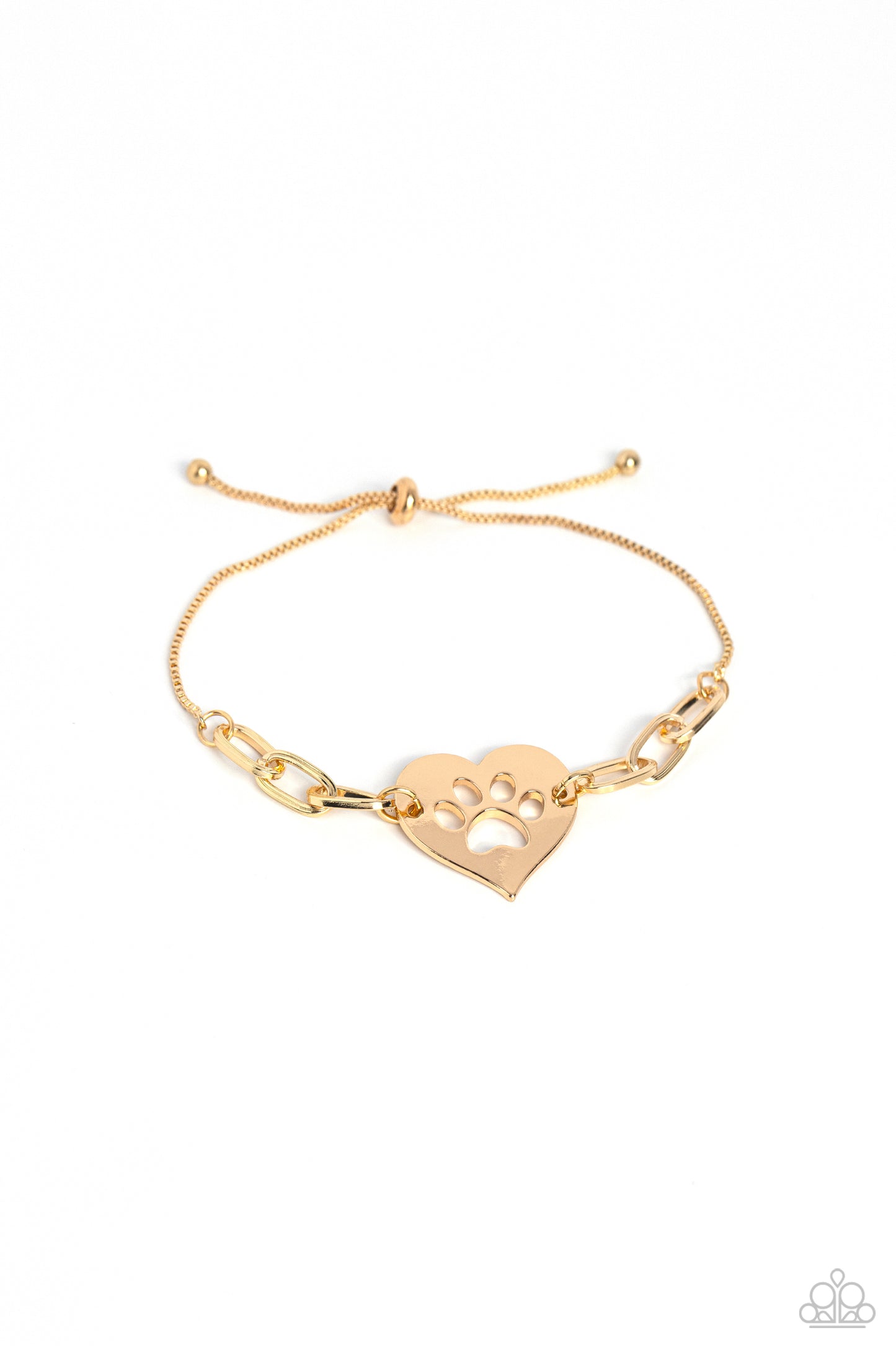 PAW-sitively Perfect Gold Lariat Bracelet - Paparazzi Accessories Delicate gold box chain connects around the ends of a classic gold link chain for a versatile look. A large gold heart featuring a paw print cutout stands out at the center of the monochromatic display, creating a pet-lover-inspired centerpiece around the wrist. Features an adjustable sliding closure. Sold as one individual bracelet. P9DA-GDXX-192XX