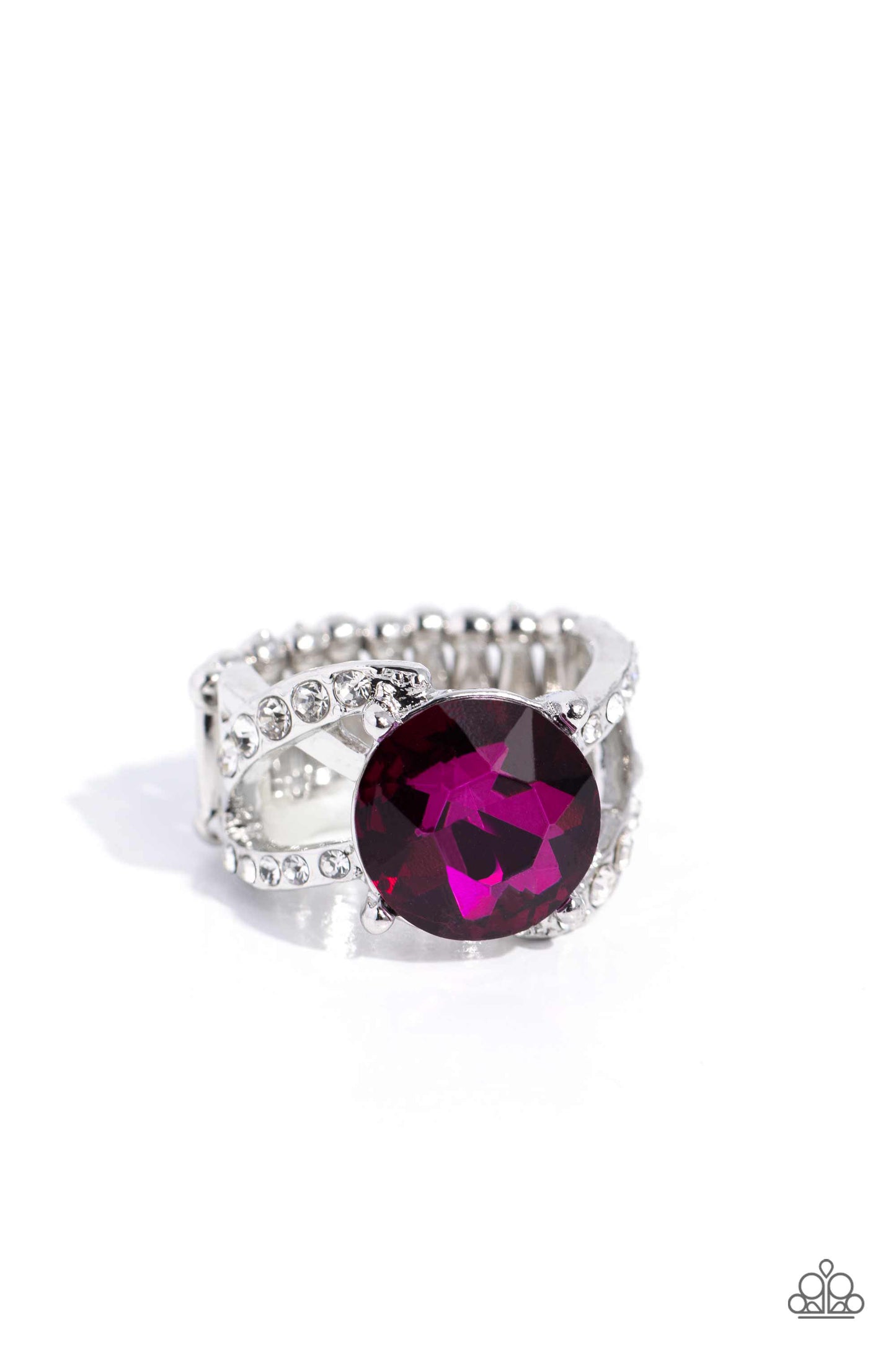 Scintillating Swirl Pink Rhinestone Ring - Paparazzi Accessories Glistening silver bars and white rhinestone-encrusted bands swirl across the finger, coalescing into an airy band. Featuring a regal faceted surface, a glittery fuchsia gem is pressed into the center of the frame in silver-pronged fittings for a refined finish. Features a stretchy band for a flexible fit. Sold as one individual ring. Sku: P4RE-PKXX-283XX