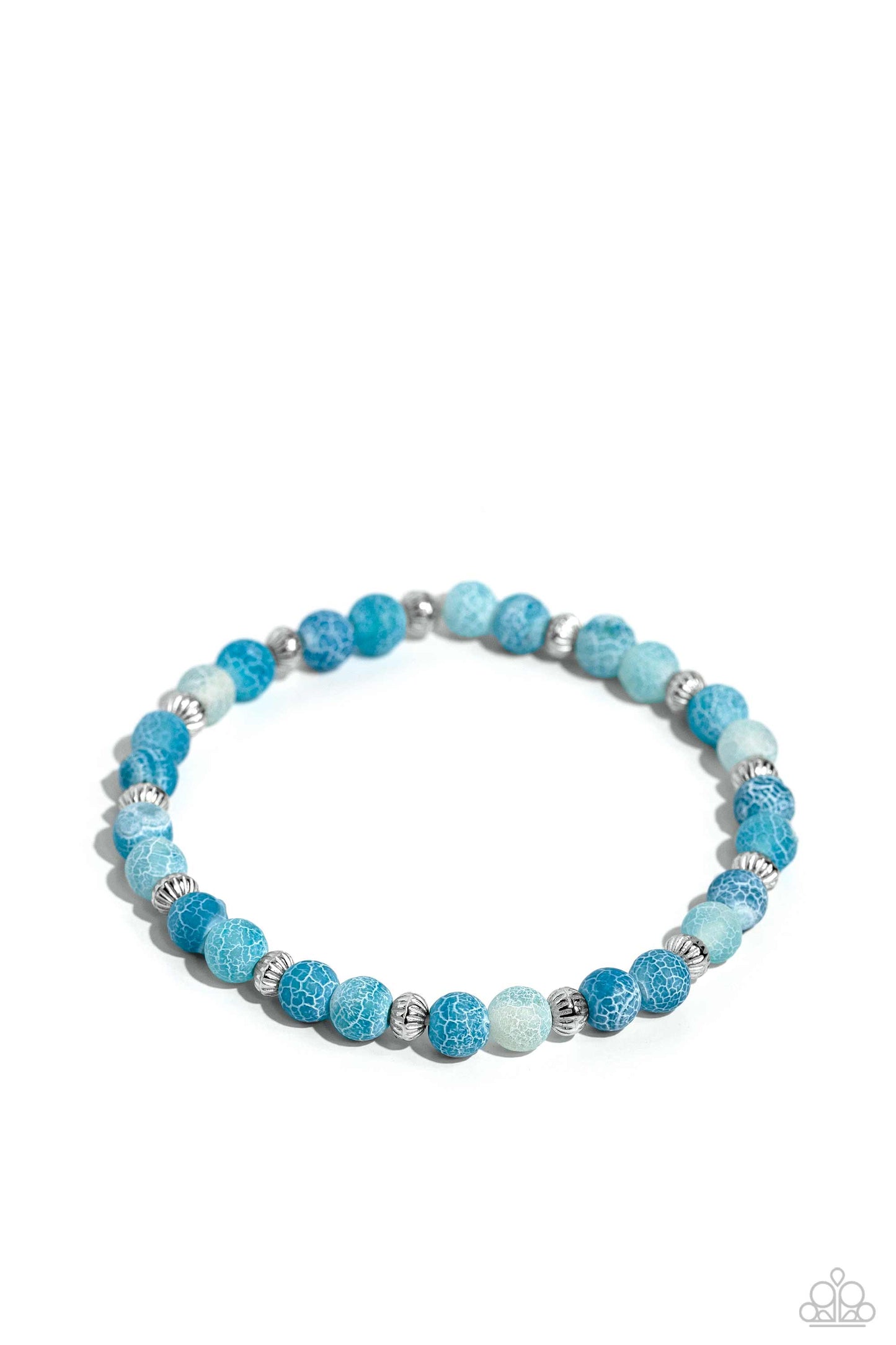 Ethereally Earthy Blue Unisex Stretch Bracelet - Paparazzi Accessories Featuring a dainty crackle motif, blue stones in varying shades and textured silver beads wrap around the wrist on a stretchy band for an ethereally earthy statement. As the stone elements in this piece are natural, some color variation is normal. Sold as one individual bracelet. P9SE-URBL-247XX