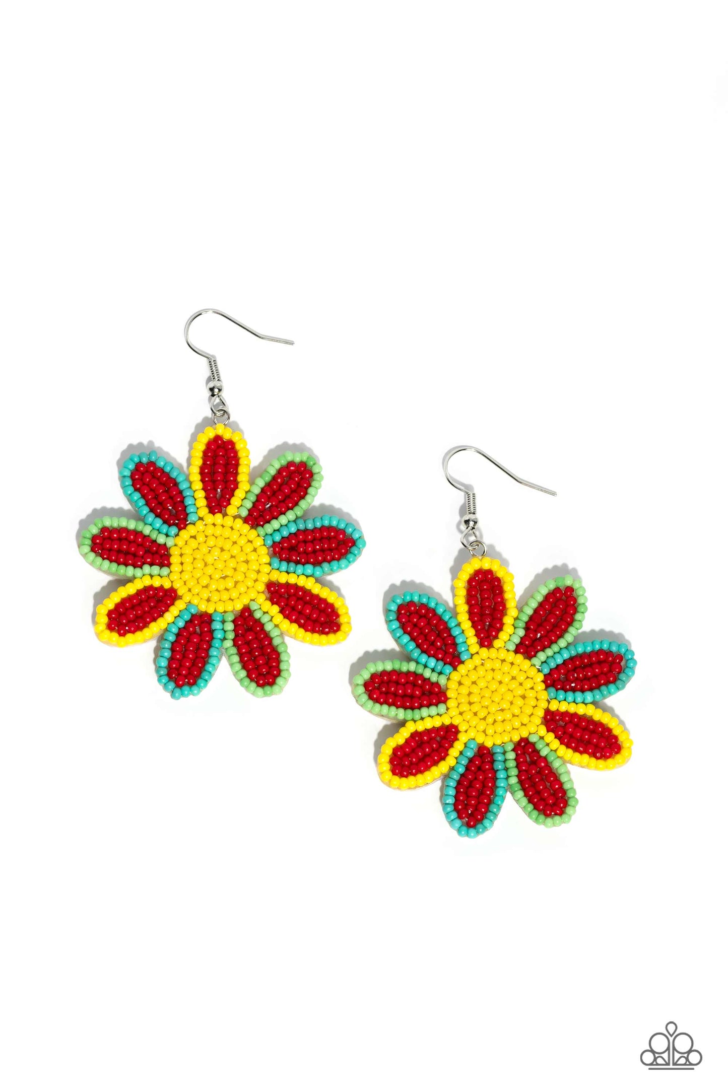 Decorated Daisies Red Flower Earring - Paparazzi Accessories Layers of red seed bead petals, encased in seed bead frames of yellow, apple, and tiffany, fan out from a yellow seed bead center, blooming into a textured floral lure. Earring attaches to a standard fishhook fitting. Sold as one pair of earrings. P5ST-RDXX-022XX