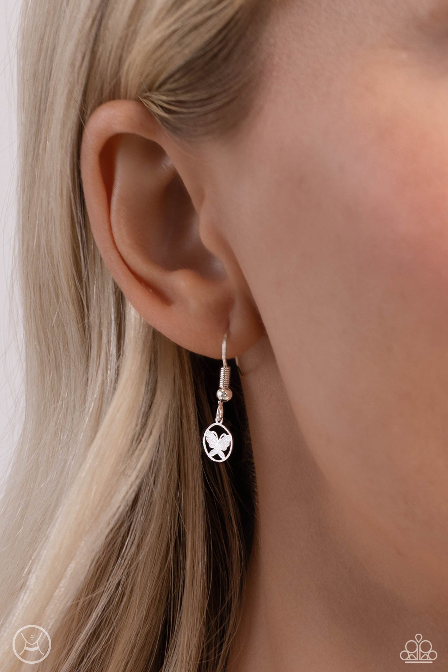 Fluttering Festival Silver Butterfly Choker Necklace - Paparazzi Accessories Dainty silver butterfly charms, embedded in airy circles, are threaded around the collar creating a whimsical statement. Features an adjustable clasp closure. Sold as one individual choker necklace. Includes one pair of matching earrings. P2CH-SVXX-096XX