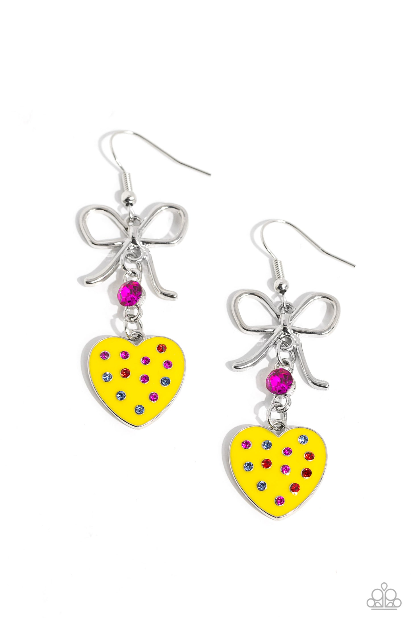 BOW Away Zone Yellow Earring - Paparazzi Accessories Featuring airy loops, a dainty silver bow gives way to a High Visibility-painted heart frame adorned in dainty red, blue, and pink rhinestones for a flirtatious fashion. A bigger pink rhinestone separates the silver bow and High Visibility heart for an additional pop of feminine color. Earring attaches to a standard fishhook fitting. Sold as one pair of earrings. P5WH-YWXX-188XX