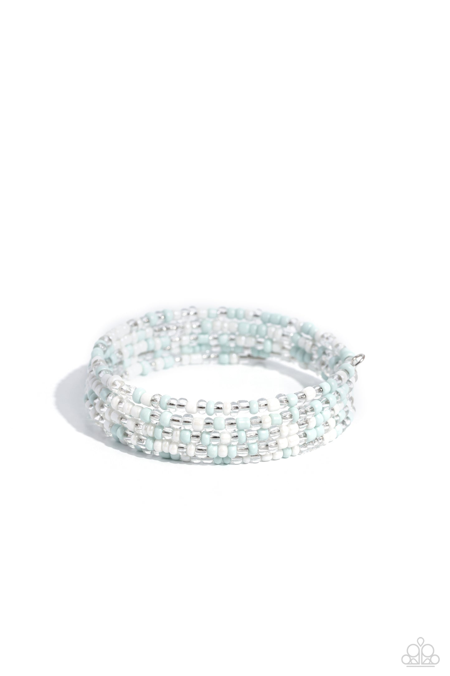 Coiled Candy White Coil Bracelet - Paparazzi Accessories Row after row of pearly white, clear, and light blue seed beads coil around the wrist, creating a charismatic infinity wrap style bracelet. Sold as one individual bracelet. P9SE-WTXX-258XX