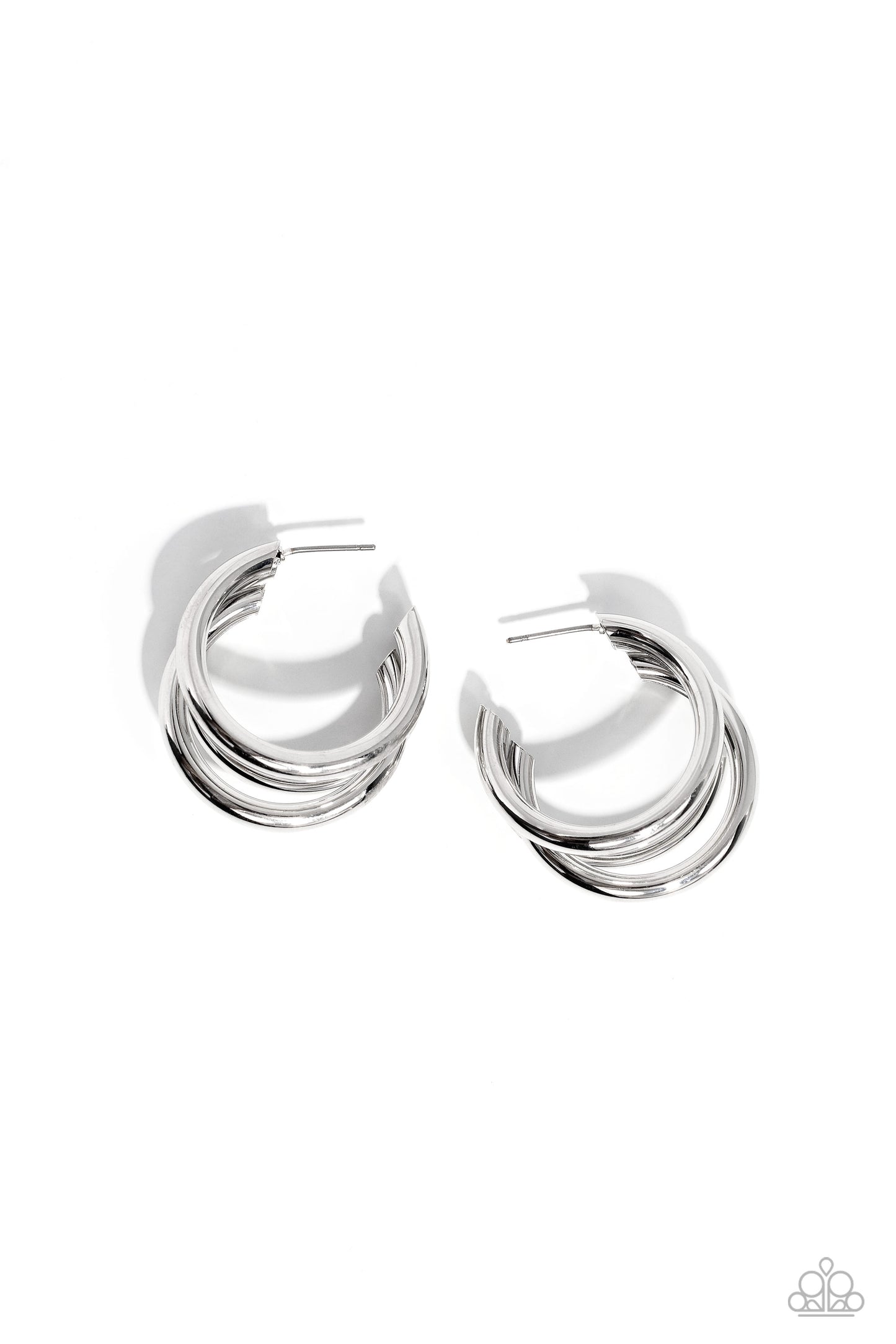 HOOP of the Day Silver Hoop Earring - Paparazzi Accessories Three sleek silver bars delicately overlap into a bold hoop for a sleek, modern statement. Earring attaches to a standard post fitting. Hoop measures approximately 1 1/4" in diameter. Sold as one pair of hoop earrings. P5HO-SVXX-369XX