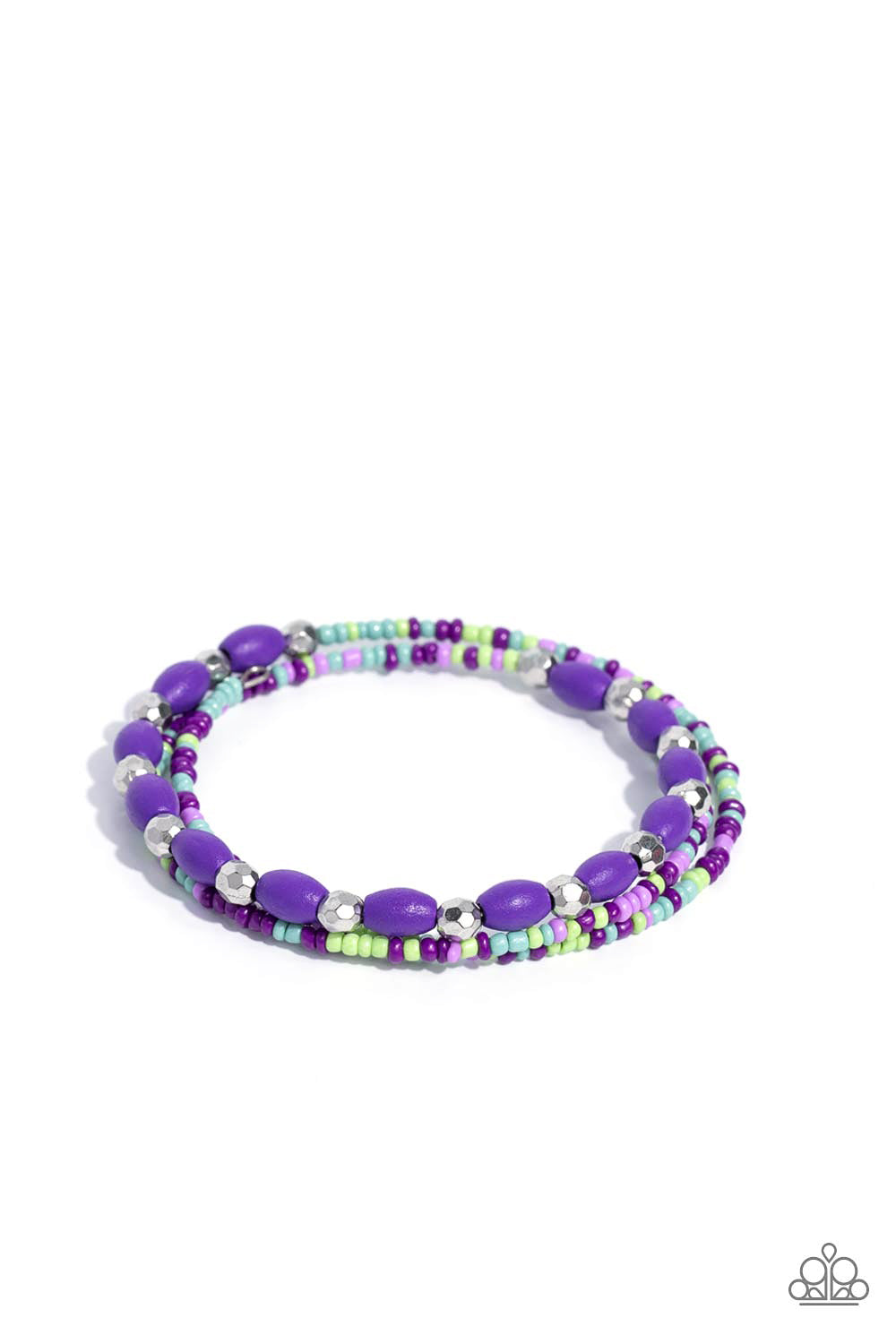 For WOOD Measure Purple Coil Infinity Wrap Bracelet - Paparazzi Accessories A colorful collection of faceted silver beads, purple wood beads, and lavender, plum, Kohlrabi, and tiffany seed beads are threaded along a coiled wire around the wrist, creating an earthy infinity wrap bracelet. Sold as one individual bracelet. Sku: P9DA-PRXX-075XX