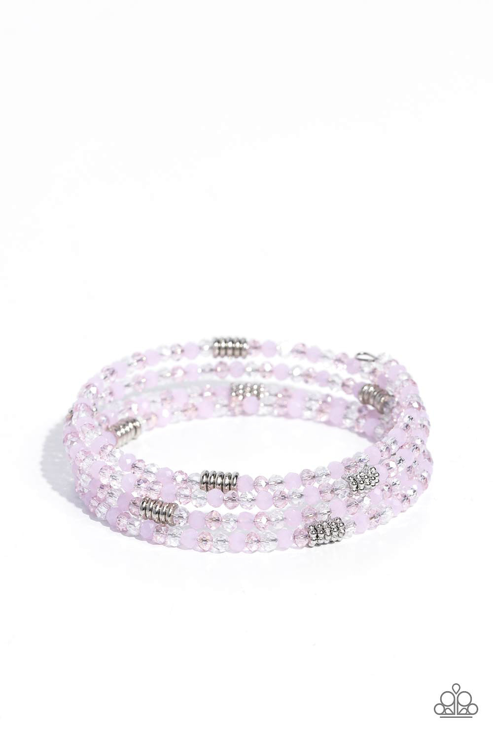 Dreamy Debut Pink Infinity Wrap Bracelet - Paparazzi Accessories Sections of clear, silver, and cloudy pink beads are threaded along the wrist in an infinity wrap-style bracelet (coil bracelet) for a dreamy statement. Sold as one individual bracelet. P9RE-PKXX-315XX