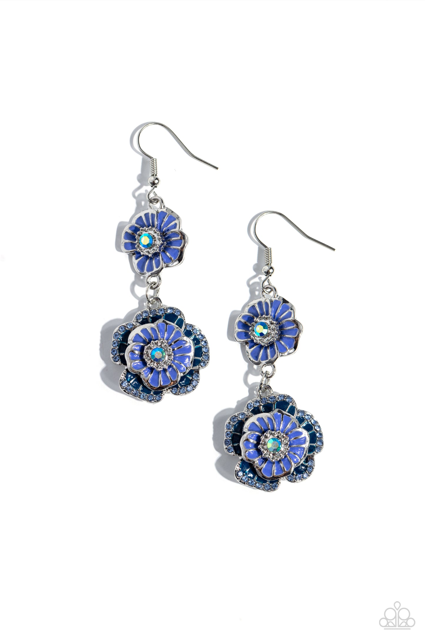 Intricate Impression Blue Flower Earring - Paparazzi Accessories Dotted with dainty blue iridescent gem centers and navy rhinestone details, intricate 3D silver flowers, adorned in Persian Jewel shades, link into a whimsical, glitzy lure. Earring attaches to a standard fishhook fitting. Due to its prismatic palette, color may vary. Sold as one pair of earrings. Sku: P5WH-BLXX-268XX