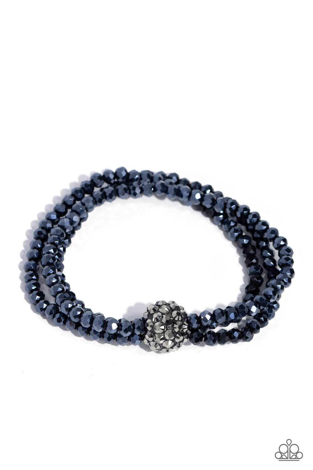 Twisted Theme Blue Stretch Bracelet - Paparazzi Accessories Featuring faceted finishes, blue beads are threaded along three stretchy bands around the wrist. Encrusted in gunmetal spiky-like details, an oversized ball twists at the center of the wrist for a fierce industrial statement. Sold as one individual bracelet. P9RE-BLXX-247XX
