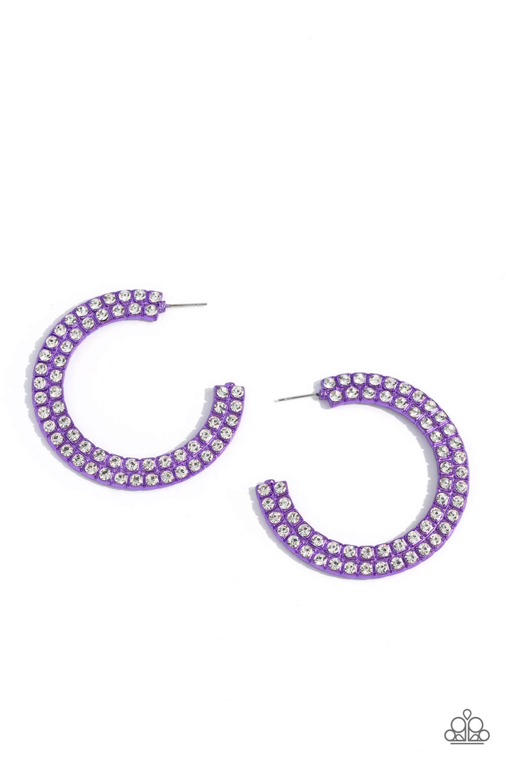 Flawless Fashion Purple Hoop Earring - Paparazzi Accessories The outer curve of an oversized thick metallic purple hoop is encrusted in a staggered double row of dazzling white rhinestones for a flawless look. Earring attaches to a standard post fitting. Hoop measures approximately 2 1/4" in diameter. Sold as one pair of hoop earrings. Sku: P5HO-PRXX-023XX