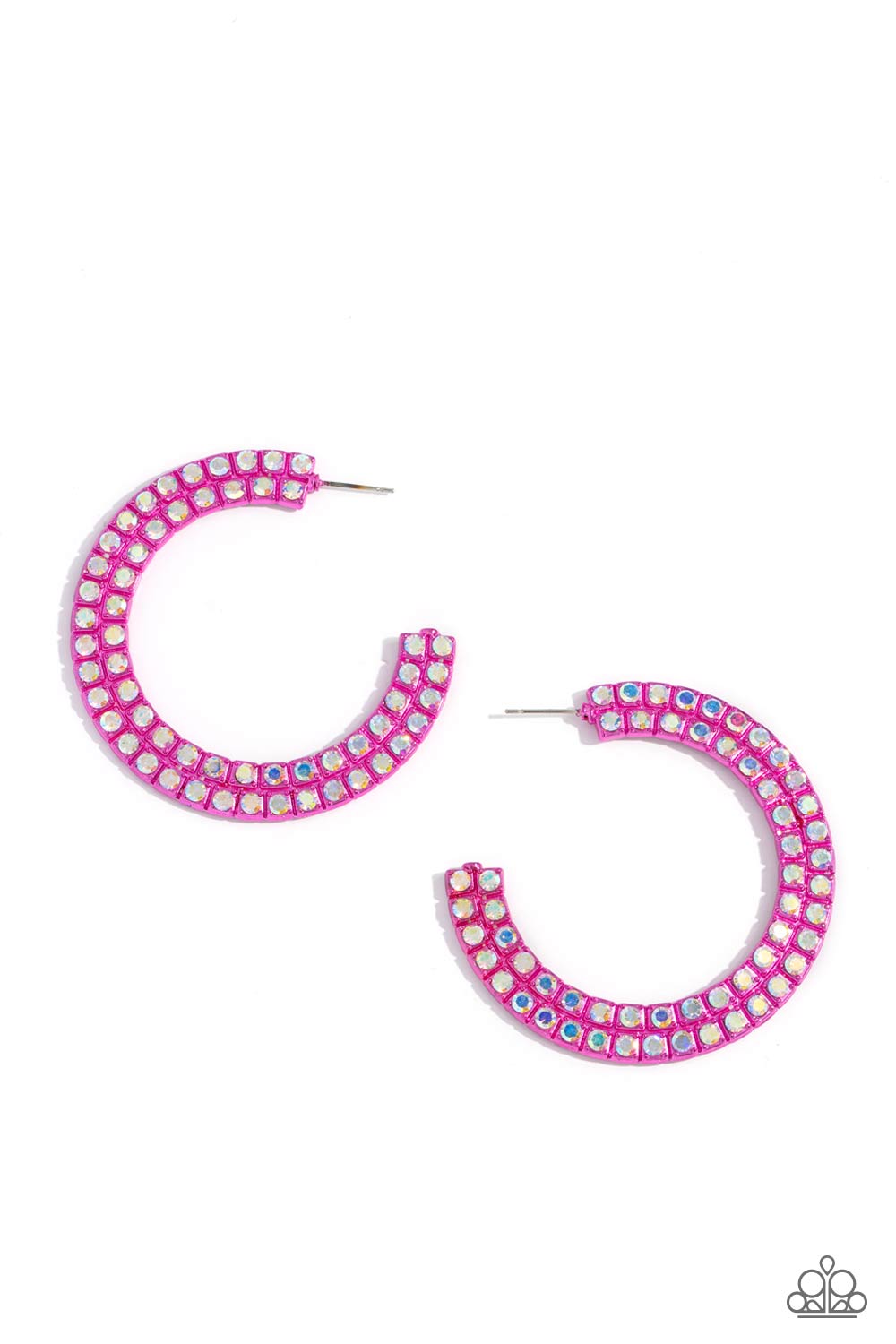 Flawless Fashion Pink Hoop Earring - Paparazzi Accessories The outer curve of an oversized thick metallic pink hoop is encrusted in a staggered double row of dazzling iridescent rhinestones for a flawless look. Earring attaches to a standard post fitting. Hoop measures approximately 2 1/4" in diameter. Due to its prismatic palette, color may vary. Sold as one pair of hoop earrings. P5HO-PKXX-059XX